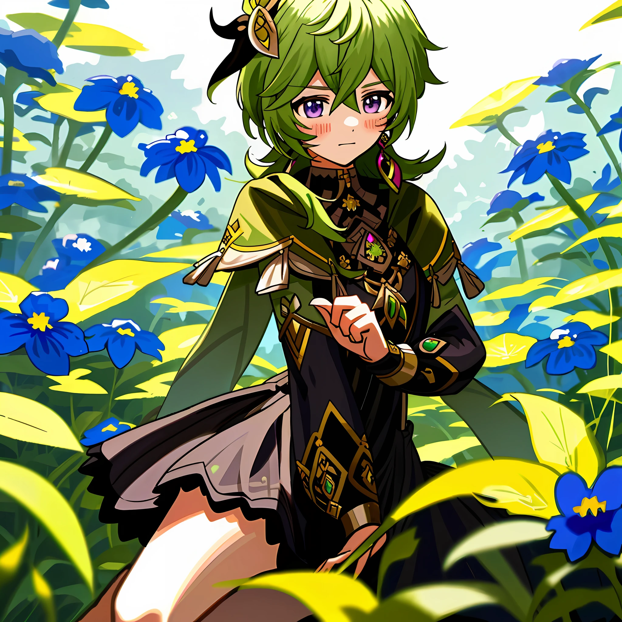 Collei from Genshin Impact, shy, tears, blue flowers