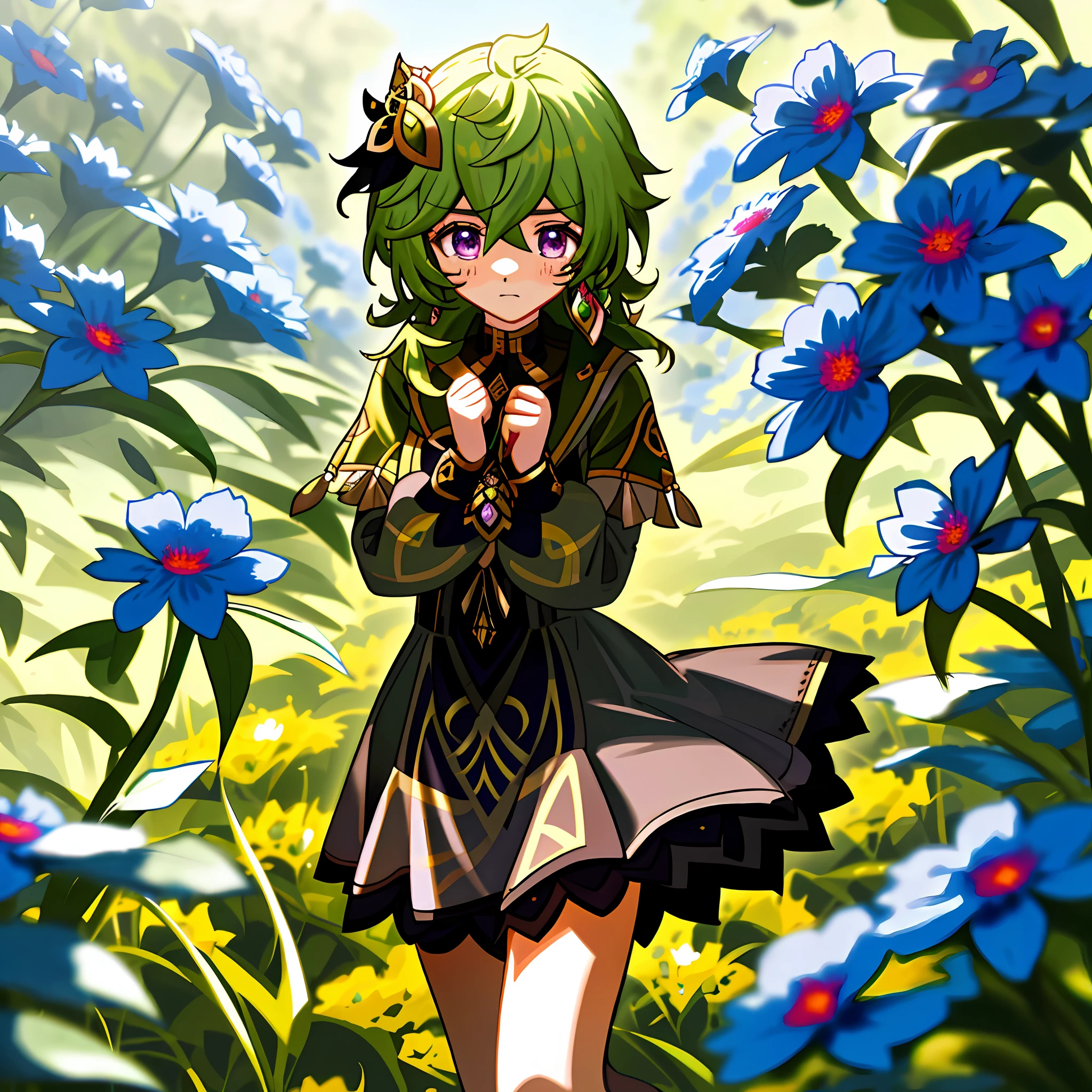 Collei from Genshin Impact, shy, tears, blue flowers