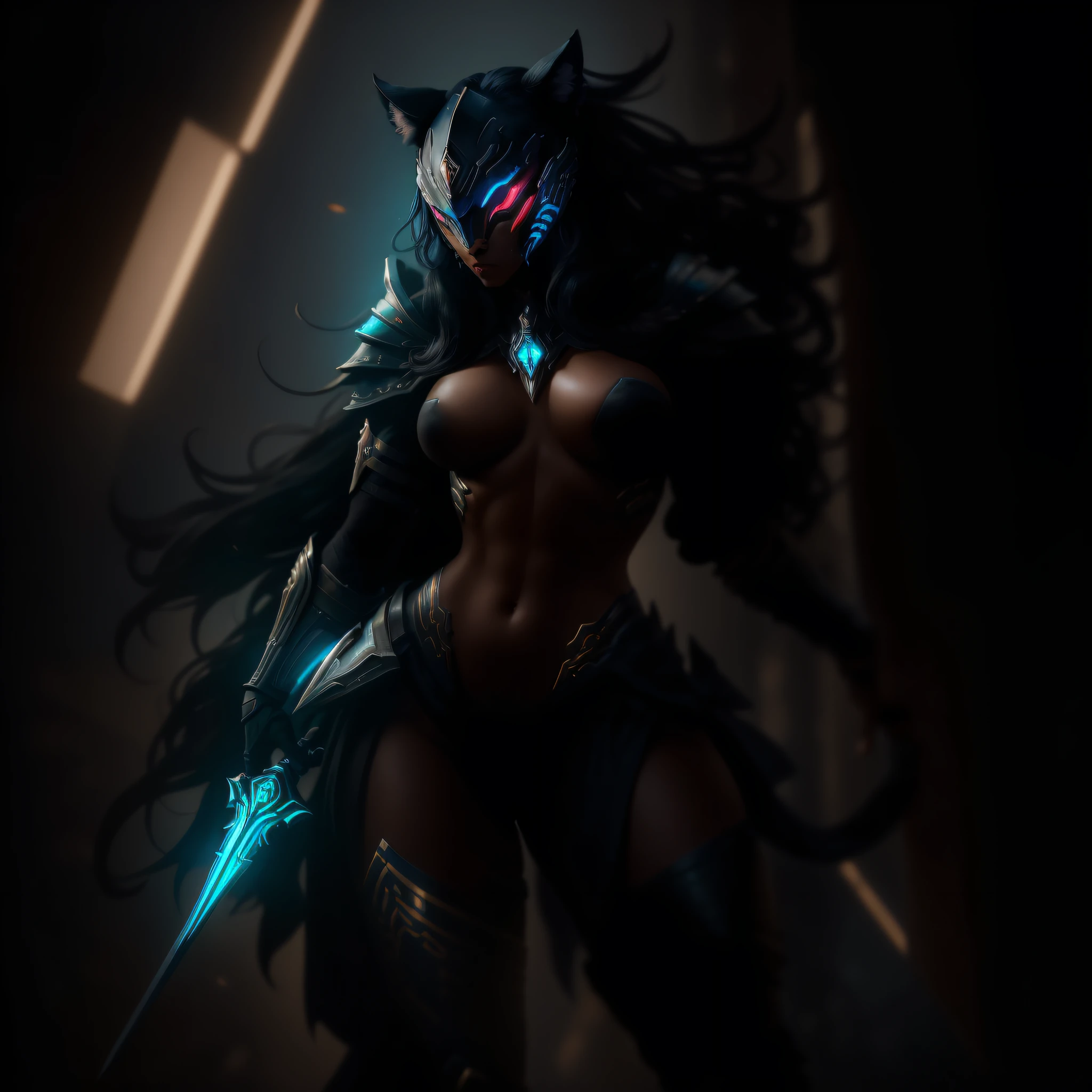 (( masterpiece)) RAW photo, a full body portrait of beautiful warrior woman, panther head, feline eyes, expression of superiority, 3 cyberpunk tails floating, dark skin cyberpunk necromancer warframe, warframe mask, medium breasts, full Warframe armor, exposed abdomen, medium ass, light and magic, big long sword (highly detailed skin: 1.2), 8k uhd, dslr, soft lighting, high quality, film grain, Fujifilm XT3