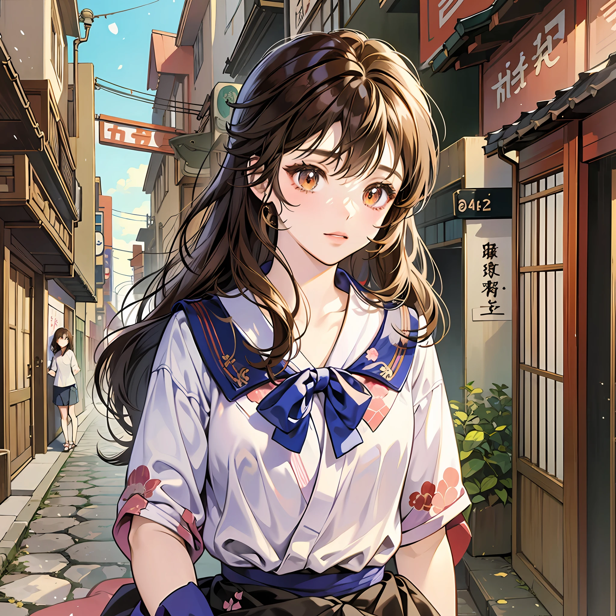 Ultra quality, masterpiece, drawing, animation, anime girl, 2d, japanese art style, colorful Japanese manga, lineart, girl with brown hair and eyes, blouse and shorts, Japanese urban setting, light lighting --auto --s2