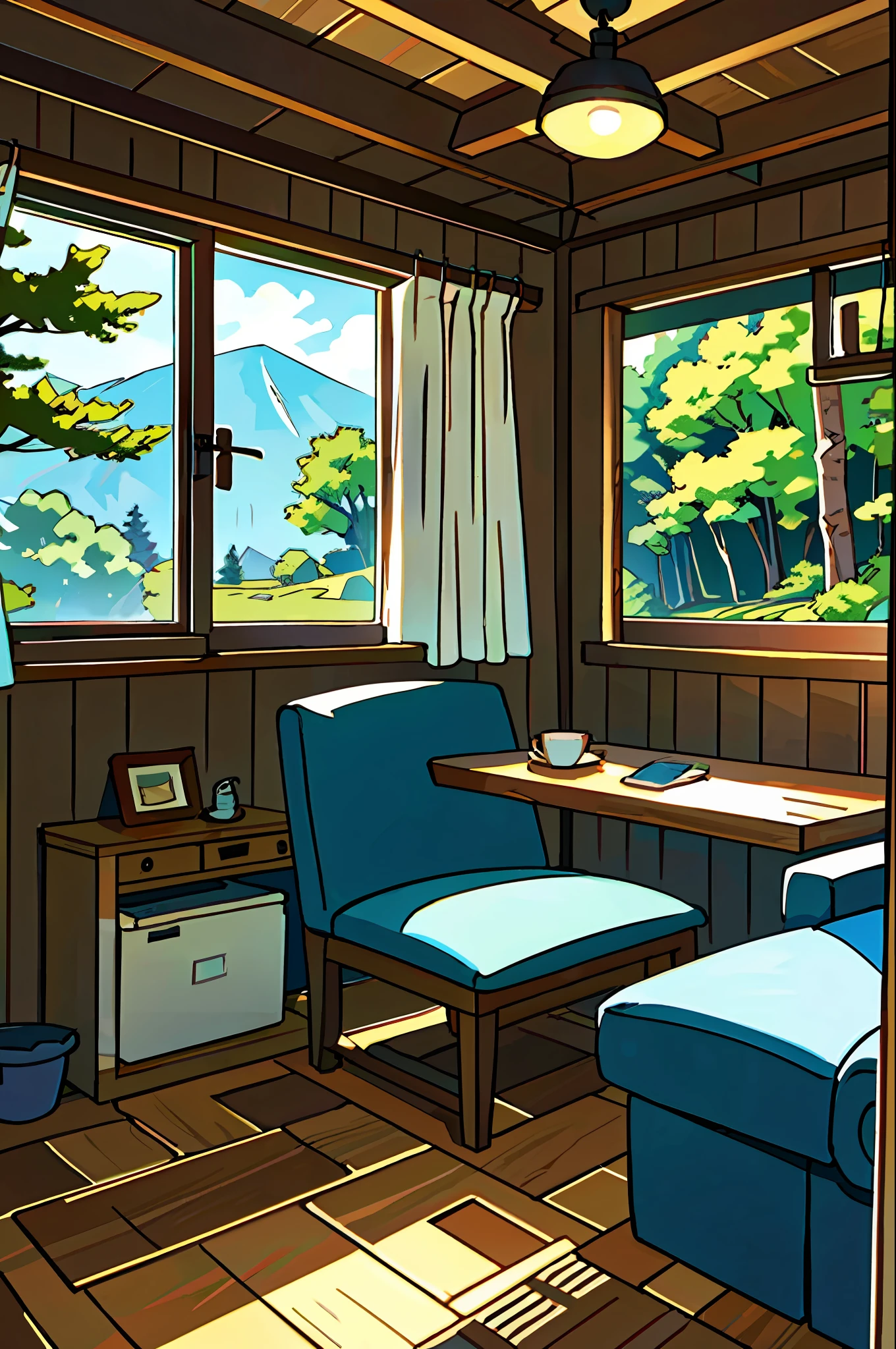 (best-quality:0.8), (best-quality:0.8), perfect anime illustration, interior of a lovely and cozy cottage in the woods