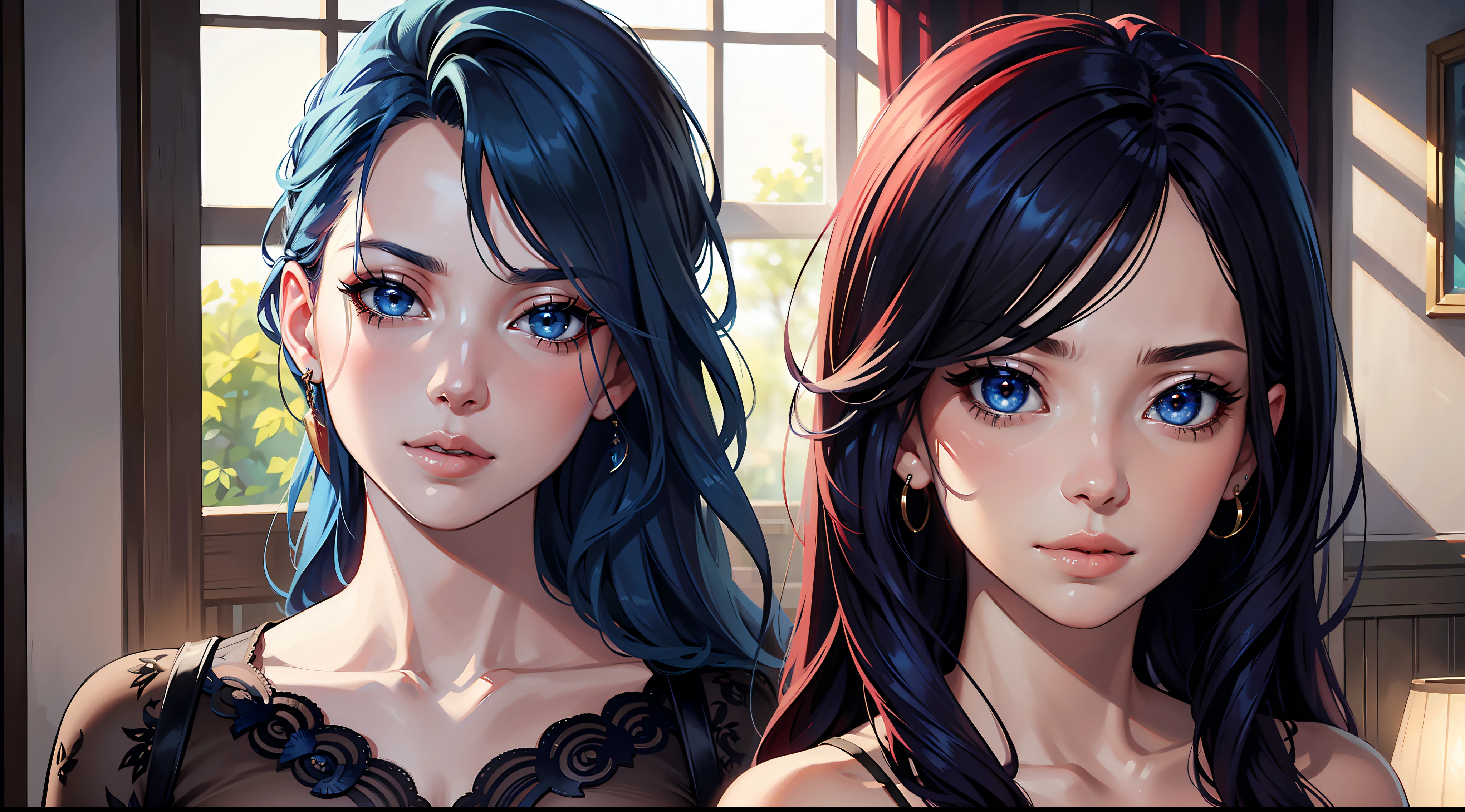 photorealistic, (hyperrealistic:1.2), beautiful, masterpiece, best quality, extremely detailed face, perfect lighting, 8k, blue and red mixed hair, wink, cute, hot