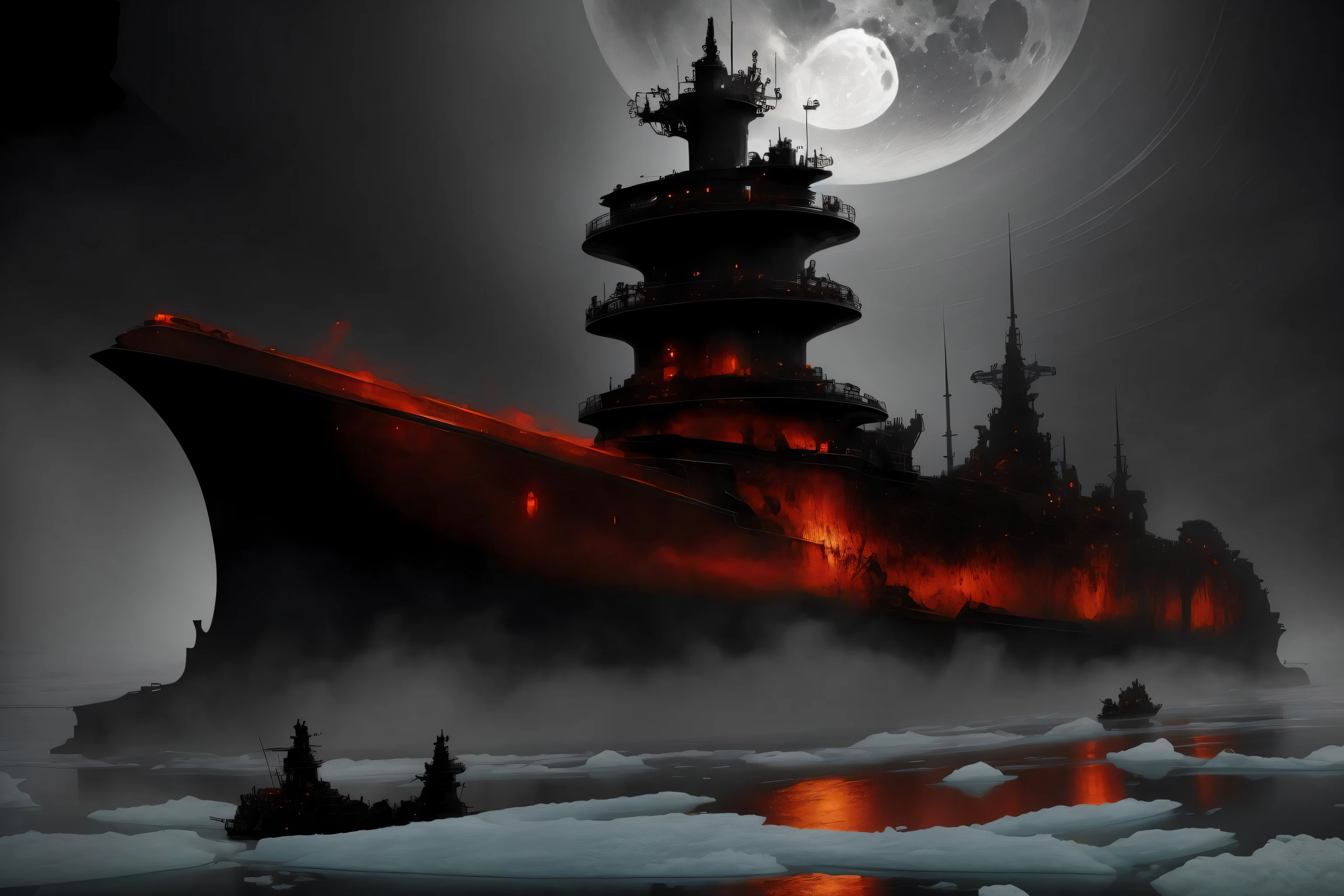 Generate a stunning [steampunk] [warhammer 40k] art style, a true [masterpiece] of art in [industrial fantasy] style. The image showcases [detailed linework], [dynamic shading], and [dramatic lighting], bringing to life a Lovecraftian [gothic] atmosphere. The scene depicts a 20th-century [steel warship] [kriegsmarine] with [low-profile bow] [heavy cruiser] [coal-powered] distinctive and imposing superstracture. It is characterized by angular bow, featuring sharp, jagged edges and aggressive protrusions, which gives the ship a sleek and powerful appearance. The bow is heavily armored with visible massive slick [funnels] with smokestacks in the center of this ship, adorned with gothic-inspired architecture, grim ornamentation, and menacing weaponry, navigating an open [frozen sea] with icebergs, chunks of [floating ice] that have broken off from a glacier. [exhausting dark smoke] from its [funnel], shrouded in [fog] and engulfed by [heavy snow:1,2]. The landscape exudes a haunting beauty that captures the viewer's imagination.
The entire scene is immersed in a thick blanket of [fog], which adds an [eerie] and [mysterious ambiance] to the setting. The only source of illumination comes from the cold glow of the [moon], casting ethereal light that accentuates the [ghostly atmosphere].
The painting expertly captures the essence of an [eldritch] and [otherworldly] environment, evoking both a sense of [fascination] and [unease]. Every stroke of the brush reveals the [intricate details] of the steamship, showcasing its elaborate gears, pipes, and intricate machinery that characterize the steampunk aesthetic.
In the distance, the dark and churning [sea] enhances the [ominous] tone of the painting. The waves crash against the ship, creating a sense of imminent danger and adding to the overall sense of dread. The artist skillfully employs a masterful use of [colors] and [shadows] to create a palpable sense of [dread] and [fascination], drawing the viewer into the scene.
As the viewer explores the image, they are compelled to delve into the [mysteries] that lie within the shadowy depths of this [eldritch setting]. The fusion of steampunk elements with Lovecraftian themes adds a unique and captivating dimension to the artwork, offering a glimpse into a world of mechanical marvels and eldritch horrors.