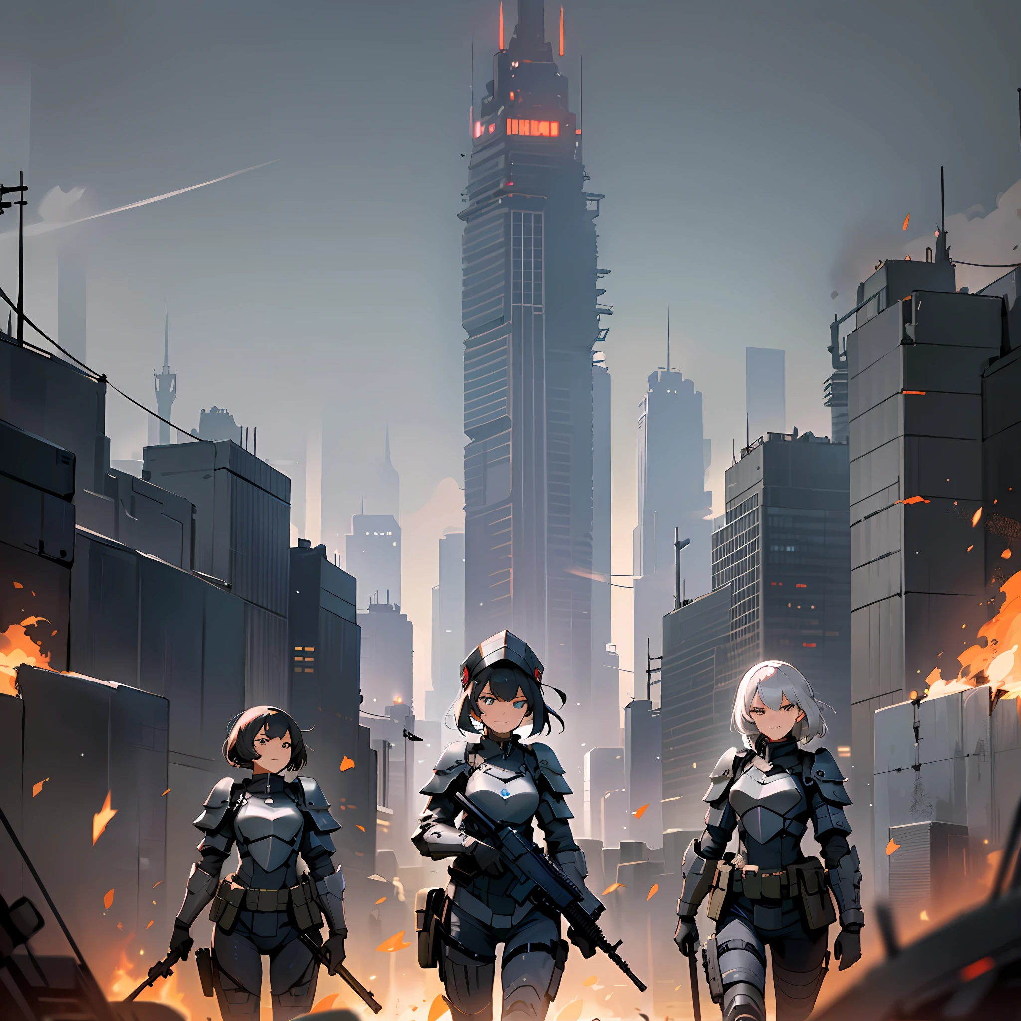 (best quality, masterpiece, extremely detailed), female soldiers in formation, black military tactical armor, black military tactical helmet, skull decal, smirk faces, destroyed futuristic city, warzone, midnight background, flames and smoke,