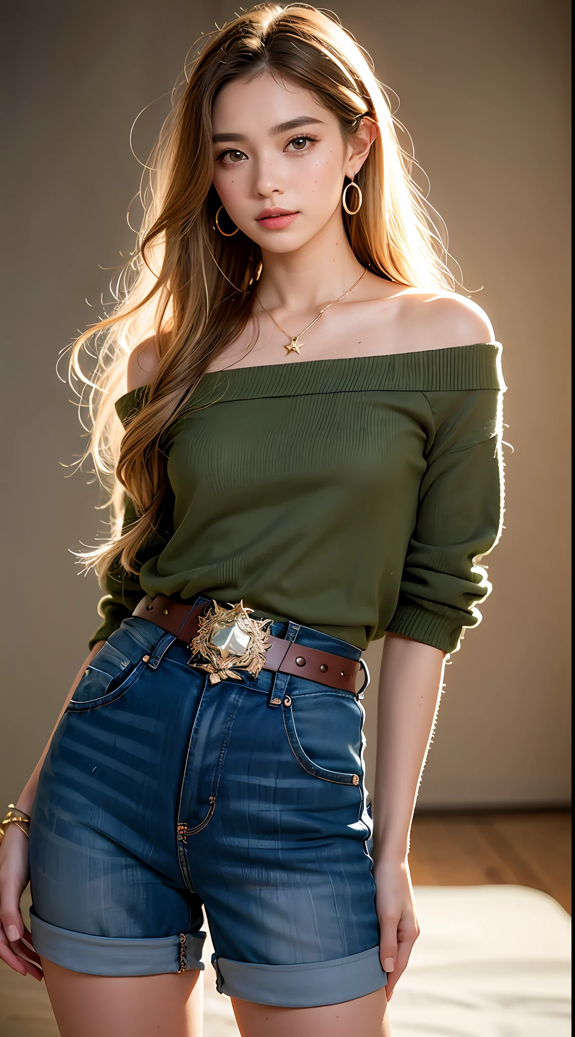 A photograph of a beautiful (()) American woman, award-winning photo, best quality, portrait by Annie Leibovitz, Canon 5D Mark II, film, professional photography, (rich colors: 1.1), hyper realistic, realistic texture, (natural lighting: 1.1), (Canon EF 85mm f/1.4L IS USM), ripped jeans shorts, cropped printed flower, full body, standing, face makeup, hair very long,  brown hair mixed with blonde, slightly wavy hair, voluminous hair, large and bright green eyes, rounded eyes, western woman, thick lips, very tanned skin, shy smile, extremely beautiful, long eyelashes, extremely detailed eyes and face, thin and plump nose, realistic pupils, thick legs, thin waist, light freckles on the face, star earrings, hair parted sideways,  arched eyebrow, black mascara in the eyes, bracelet with star pendant, chain belt, cord with star pendant (Increase body line mood:1.1), (increase cinematic lighting quality: 0.9), (Increase skin texture beauty:1.1), smooth white background wall