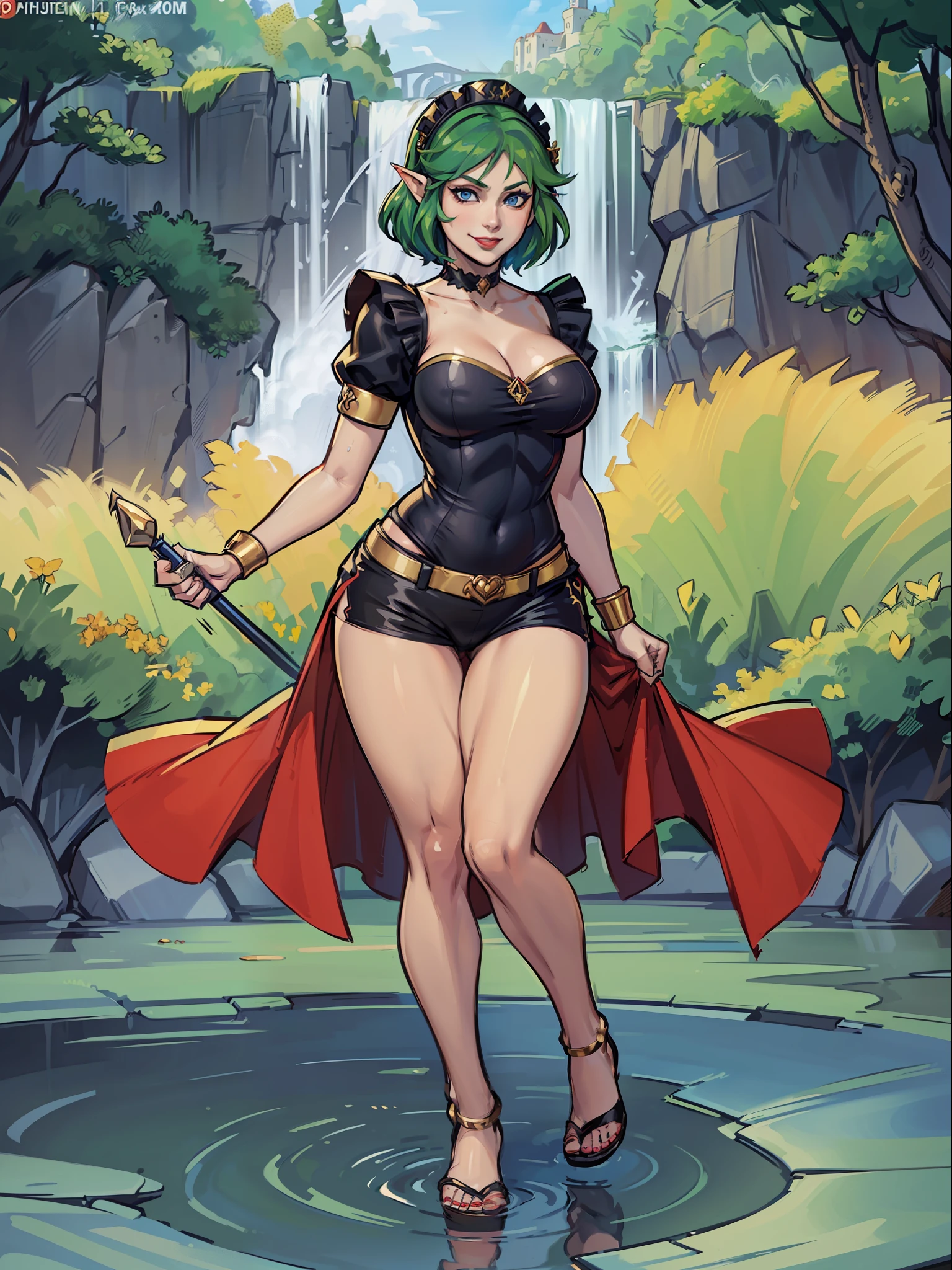 ((full-body photo, feet on the ground, front view)). Princess Zelda, {big breasts, red cheeks, red lipstick on her mouth, looking at the viewer}, {((black outfit with gold trim/maid's outfit with short shorts)}, she's bathing in a waterfall in an open area falling water, clothes and hair soaked. She has {((short green hair, blue eyes, looking at the viewer, smiling)}, anime, anime style, motion blur, 16k, high quality, super detail, textured skin, anatomically correct, masterpiece, masterpiece, masterpiece, UHD, ccurate