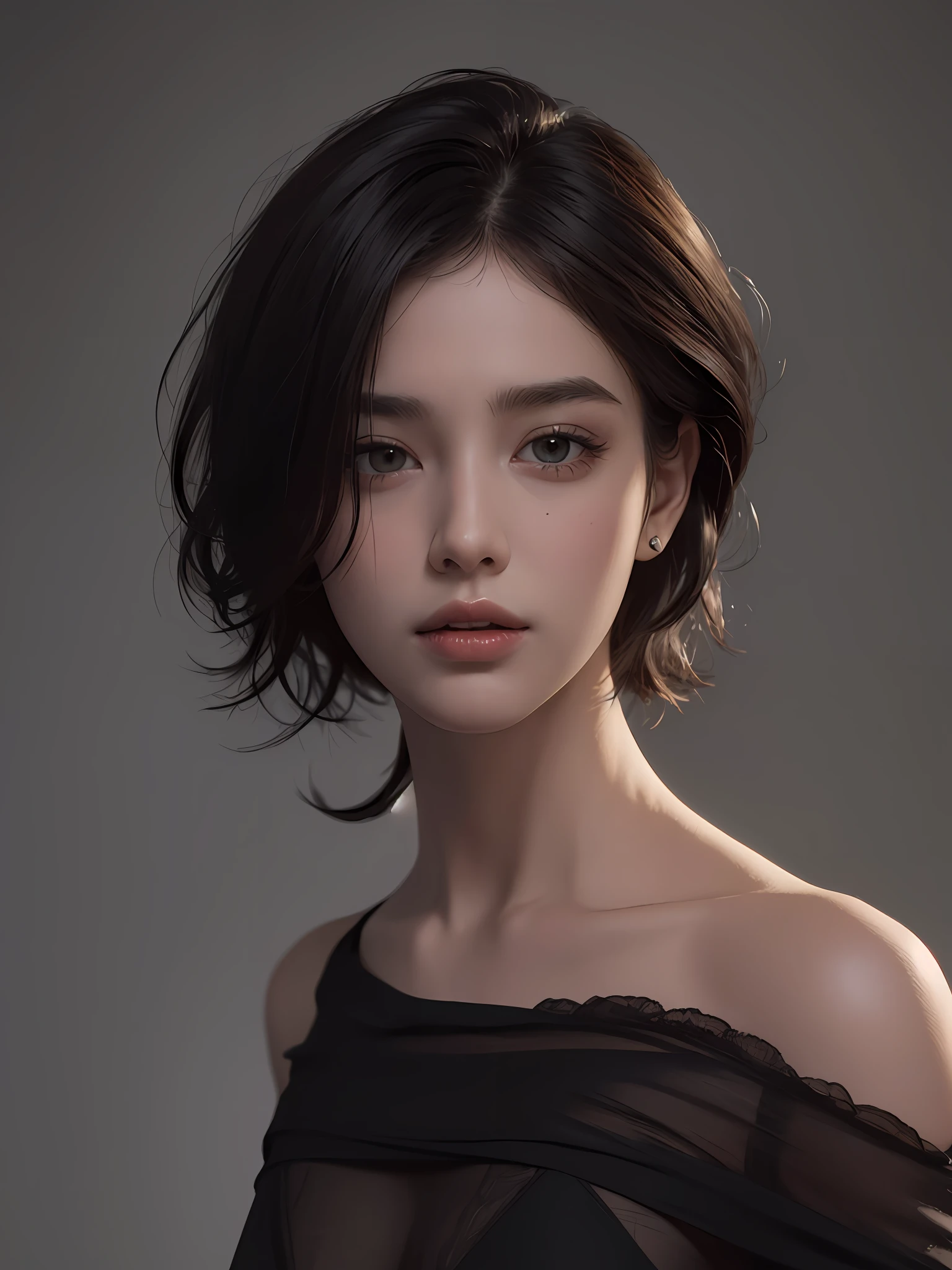 Best quality, masterpiece, ultra high res, (photorealistic:1.5), raw photo, 1girl, offshoulder, in the dark, deep shadow, low key, cold light, sexy look, short hair
