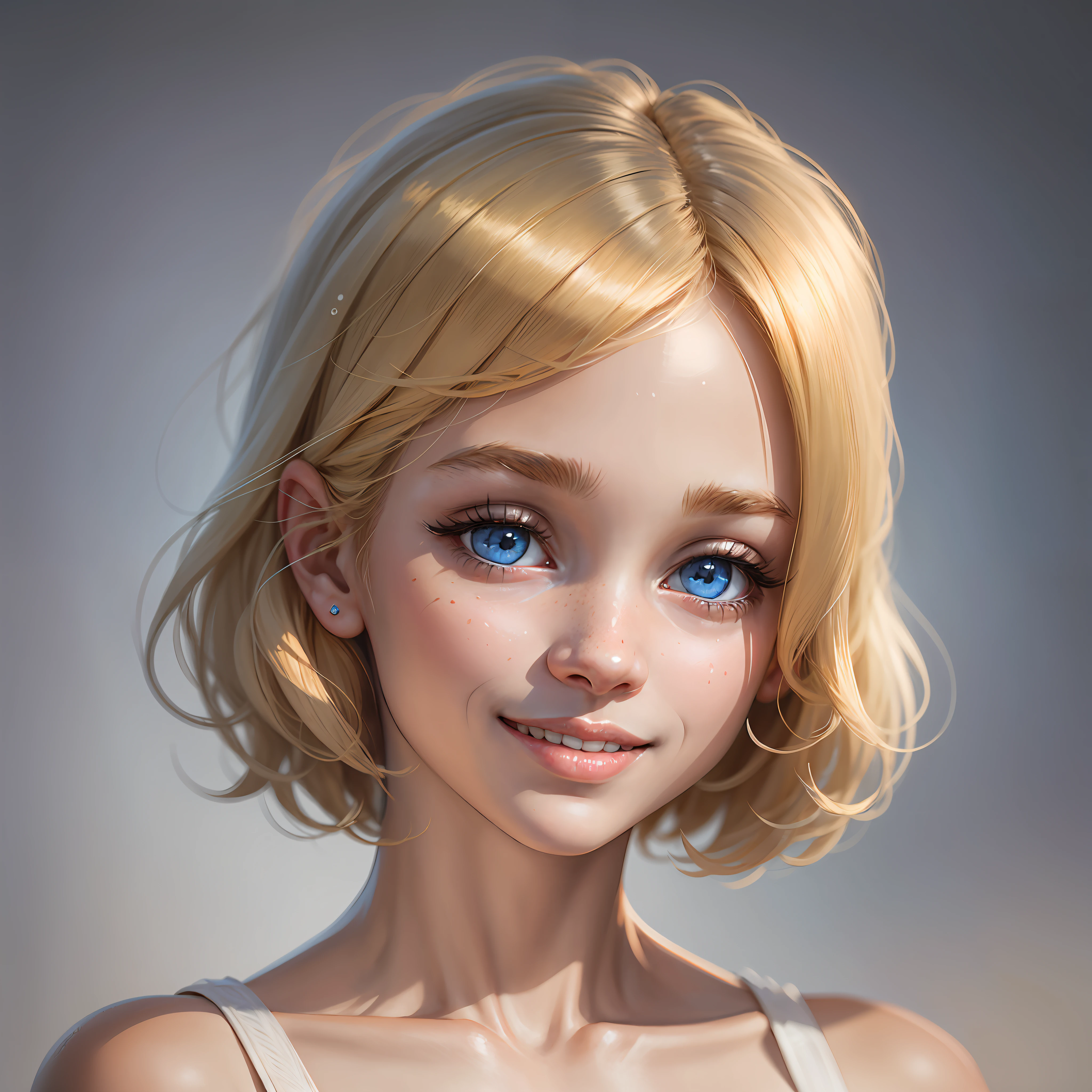 Delicate and childish face, background with vegetation, very beautiful girl smiling, light skin tone, 7 years old, hyper realistic, 3/4 focus, blonde, short hair, photorealistic, blue eyes, delicate face, beautiful eyes, large eyelashes, many details, realistic lighting --auto --s2
