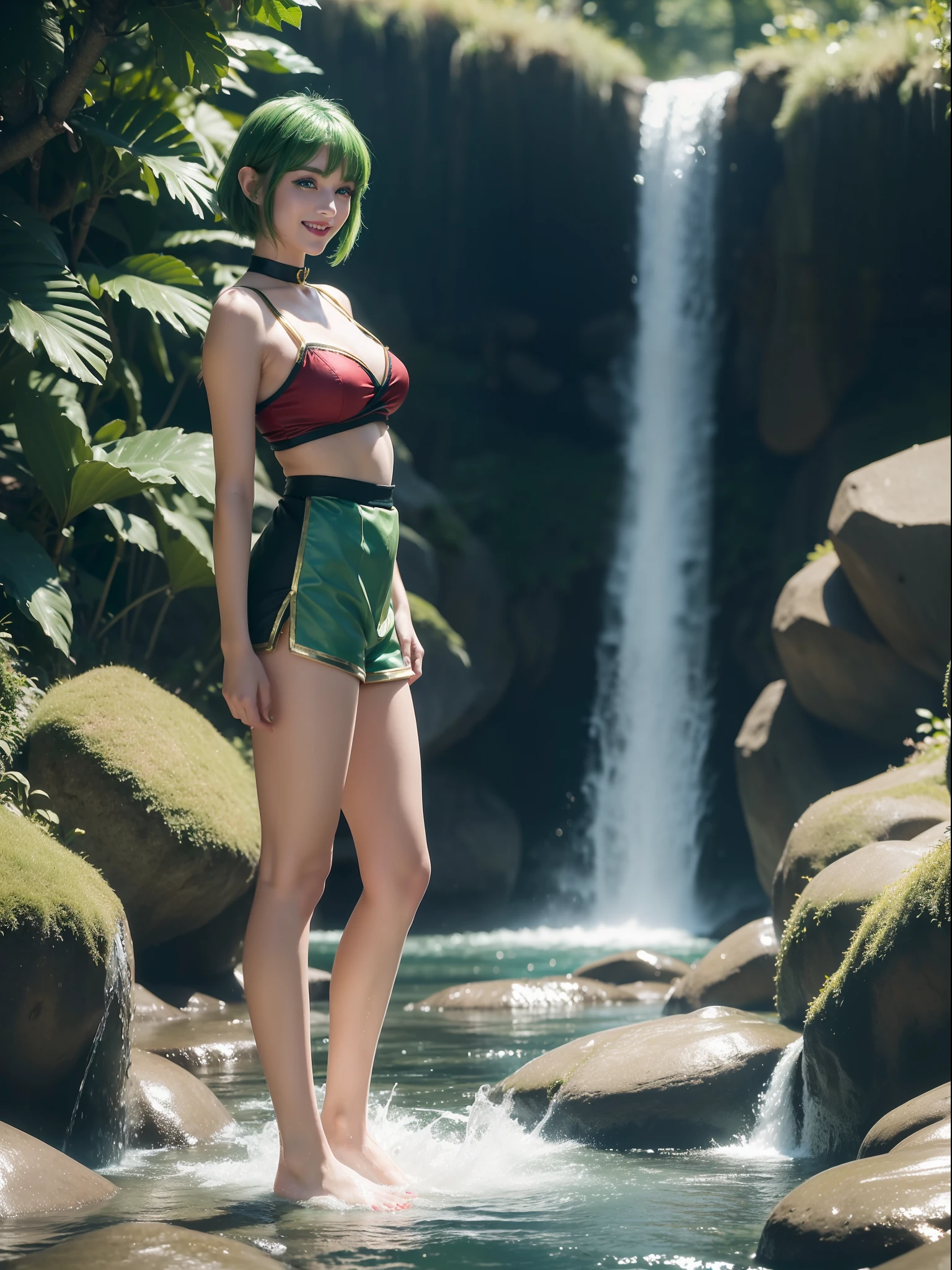 ((full-body photo, feet on the ground, front view)). Princess Zelda, {, red cheeks, red lipstick on her mouth, looking at the viewer}, {((black outfit with gold trim/maid's outfit with short shorts)}, she's bathing in a waterfall in an open area falling water, clothes and hair soaked. She has {((short green hair, blue eyes, looking at the viewer, smiling)}, anime, anime style, motion blur, 16k, high quality, super detail, textured skin, anatomically correct, masterpiece, masterpiece, masterpiece, UHD, ccurate