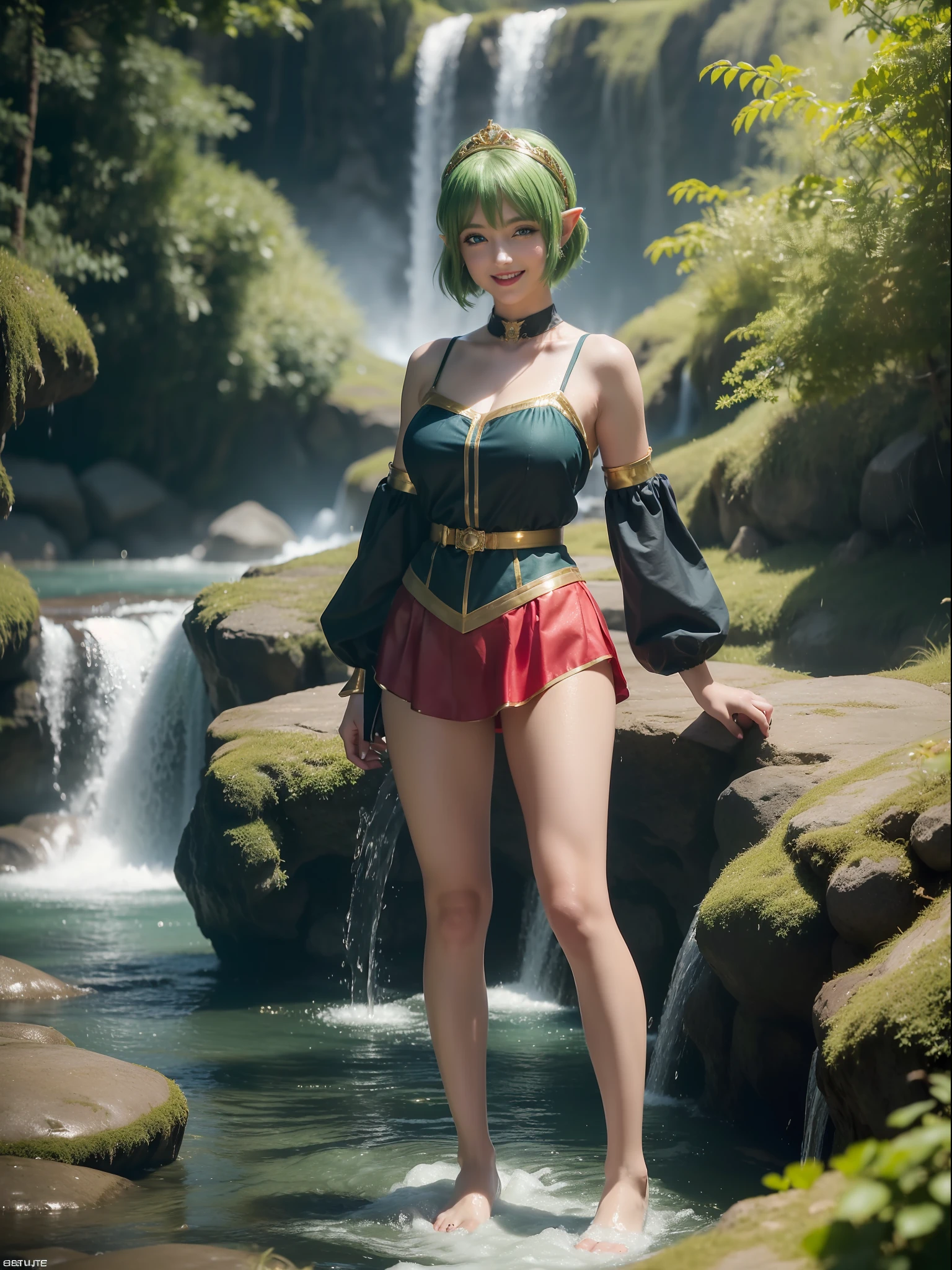 ((full-body photo, feet on the ground, front view)). Princess Zelda, {big breasts, red cheeks, red lipstick on her mouth, looking at the viewer}, {((black outfit with gold trim/maid's outfit with short shorts)}, she's bathing in a waterfall in an open area falling water, clothes and hair soaked. She has {((short green hair, blue eyes, looking at the viewer, smiling)}, anime, anime style, motion blur, 16k, high quality, super detail, textured skin, anatomically correct, masterpiece, masterpiece, masterpiece, UHD, ccurate