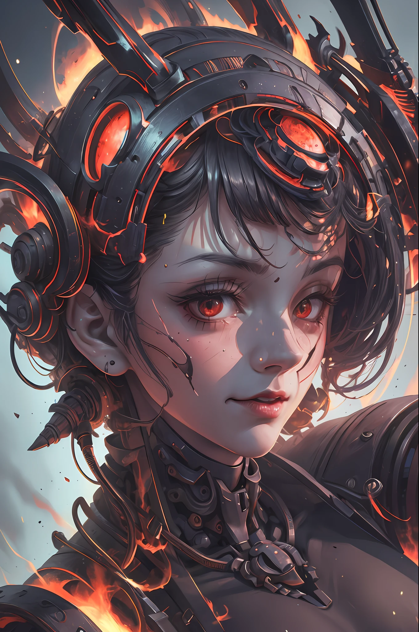 1mechanical girl,((ultra realistic details)), portrait, global illumination, shadows, octane render, 8k, ultra sharp,metal,intricate, ornaments detailed, cold colors, egypician detail, highly intricate details, realistic light, trending on cgsociety, glowing eyes, facing camera, neon details, machanical limbs,blood vessels connected to tubes,mechanical vertebra attaching to back,mechanical cervial attaching to neck,sitting,wires and cables connecting to head