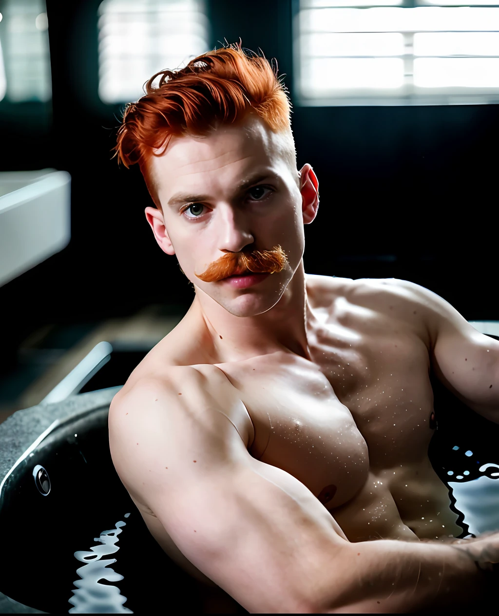 A 30-year-old red-haired man smoking in the bathtub inside the bathroom, red mustache, shaved hair, European style, dramatic atmosphere, realistic, photography, (muscular, no beard), tattoo, hyperdetailed, ultra-sharp, 8k, (insanely detailed:1.5), full-body photography, 20 megapixels, canon eos r3, detailed skin, pale skin, is not looking at the photo, (bright camera flash photograph:1.2),  soft neutral aesthetics, (eye focus), (hard shadows, pitch black background, unlit, dark theme, dim lighting, deep contrast:1.1), (focus background), (motion blur, lens blur, out of focus:1.1)