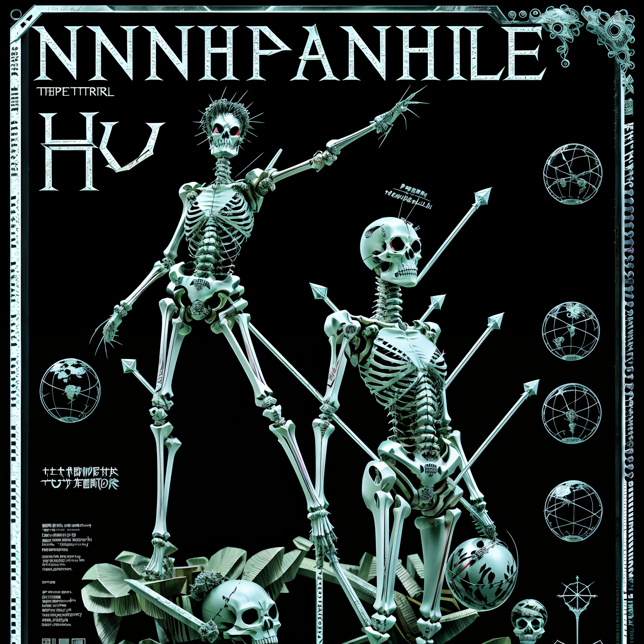 poster, ((Evangelion, cursed skeleton, metallic text with thorns, statue, text, logos, globe with grid))