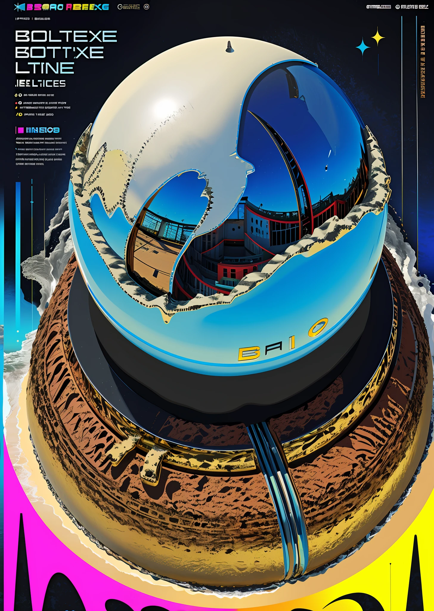 poster, beach landscape, ((metalic heavy bold font)), text, colors, acid, colorful,