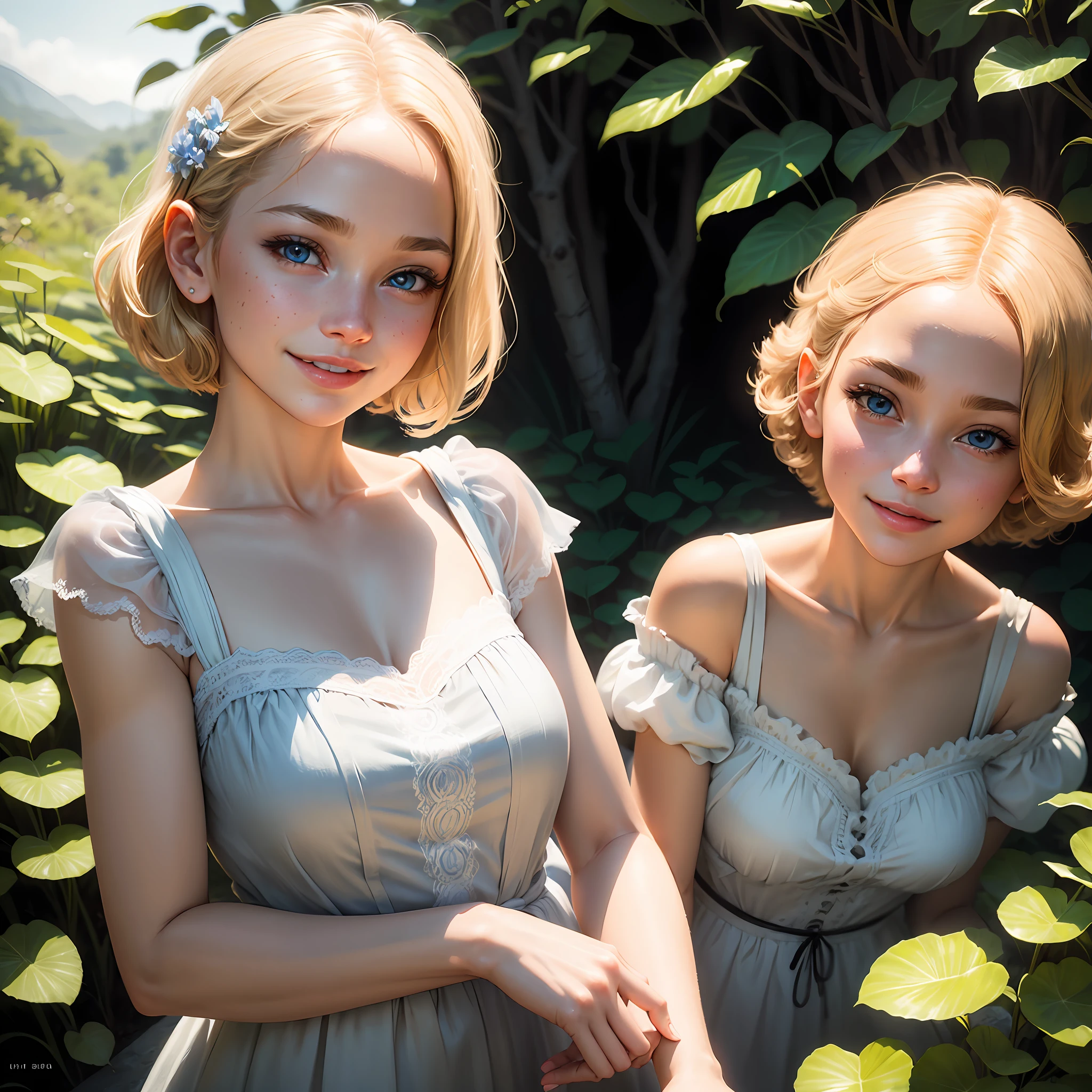 Delicate and childish face, realistic expressive face, very beautiful girl smiling, light skin tone, 7 years old, hyper realistic, 3/4 focus, blonde, short hair, photorealistic, blue eyes, delicate face, beautiful eyes, large eyelashes, many details, realistic lighting, scenery with vegetation