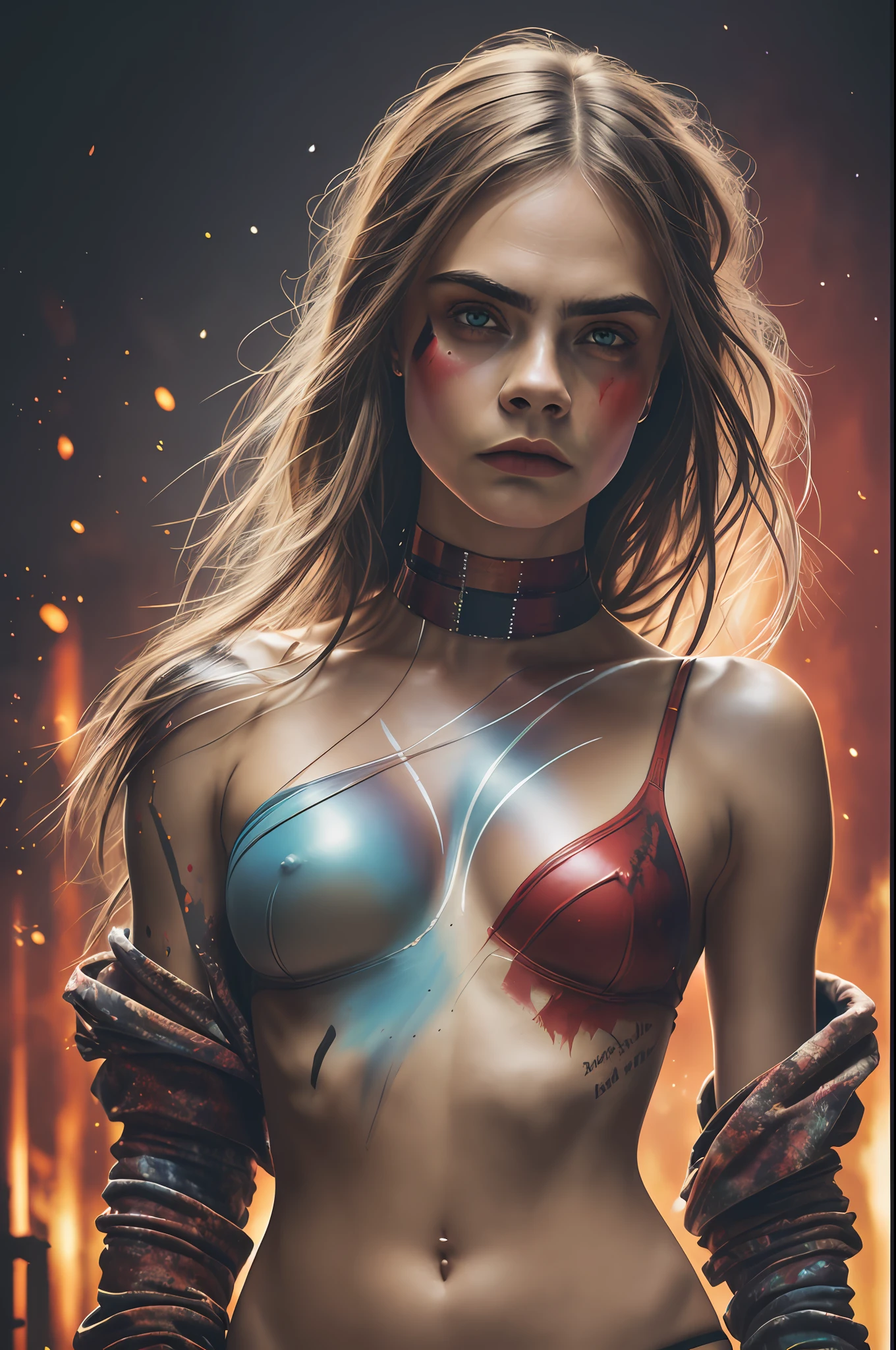 Epic Realistic, (Cara Delevingne), body painting with red oil paint, nature, dark atmosphere, (color explosion:1,2), no bra, belly button, color splashes, Lightroom, natural, perfect, raw, complicated, high quality, mamiya, exposure mixing, (dark shot: 1.22), neutral colors, (HDR: 1.4), (muted colors: 1.4), (complicated), (ArtStation:1,2), hyper-detailed, dramatic, intricate details, (Technicolor:0,9), (rutkowski:0,8), cinematic, detailed --auto --s2