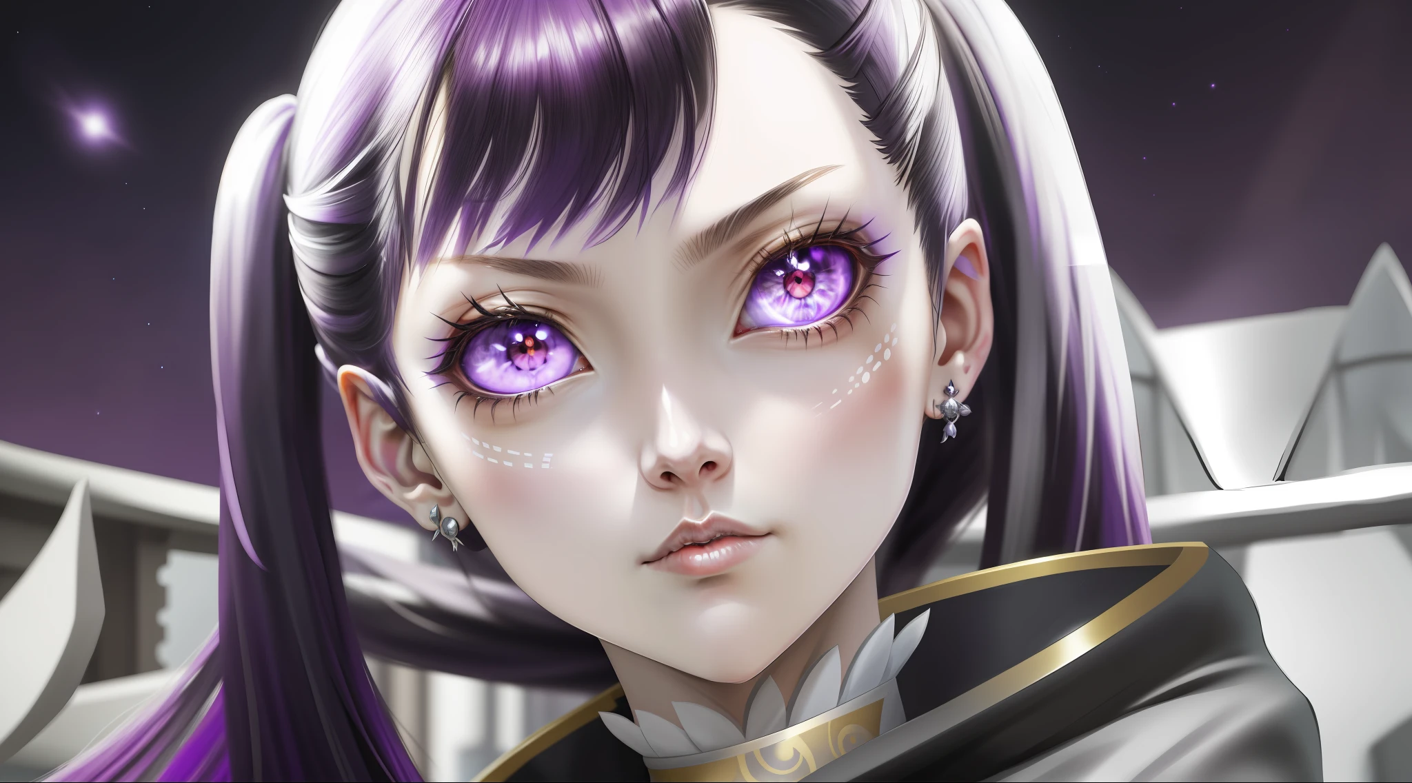 A closeup of a person with long hair and purple eyes, screenshot of Black Clover, she has white eyes!!!, black anime pupils in her eyes, she has elf ears and golden eyes, Shiro from Deadman Wonderland, closeup of a young anime girl, has a piercing look but a stern look on her,  female anime character.