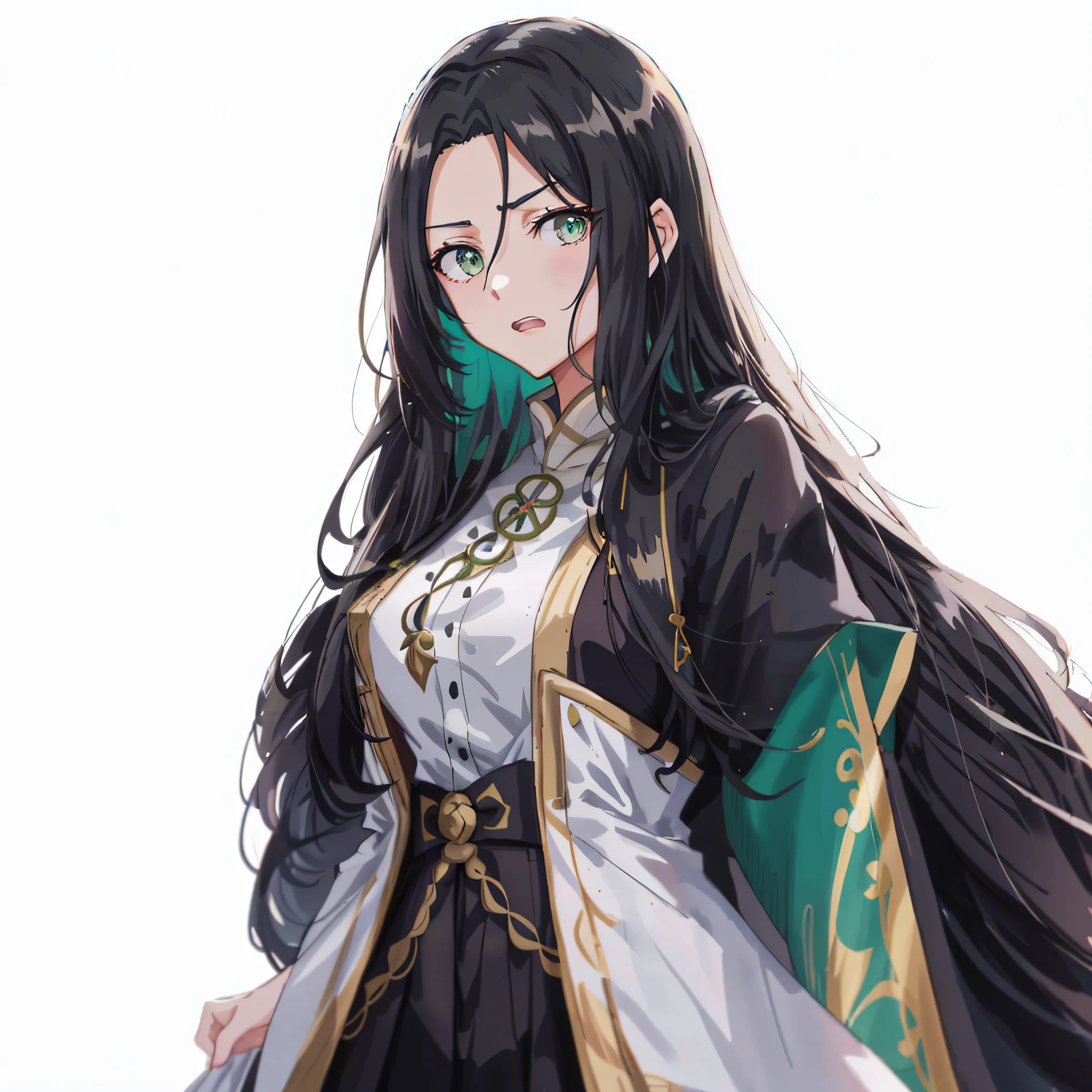 a woman in a black and white dress with a green cape, ayaka genshin impact, portrait knights of zodiac girl, anime girl with long hair, female anime character, keqing from genshin impact, palutena, astri lohne, demon slayer rui fanart, highly detailed exquisite fanart, detailed anime character art, onmyoji portrait, from girls frontline, wide eyes, fear, scowl, open mouth, panicking, constricted pupil, bright eyes, surprised, frown, shocked