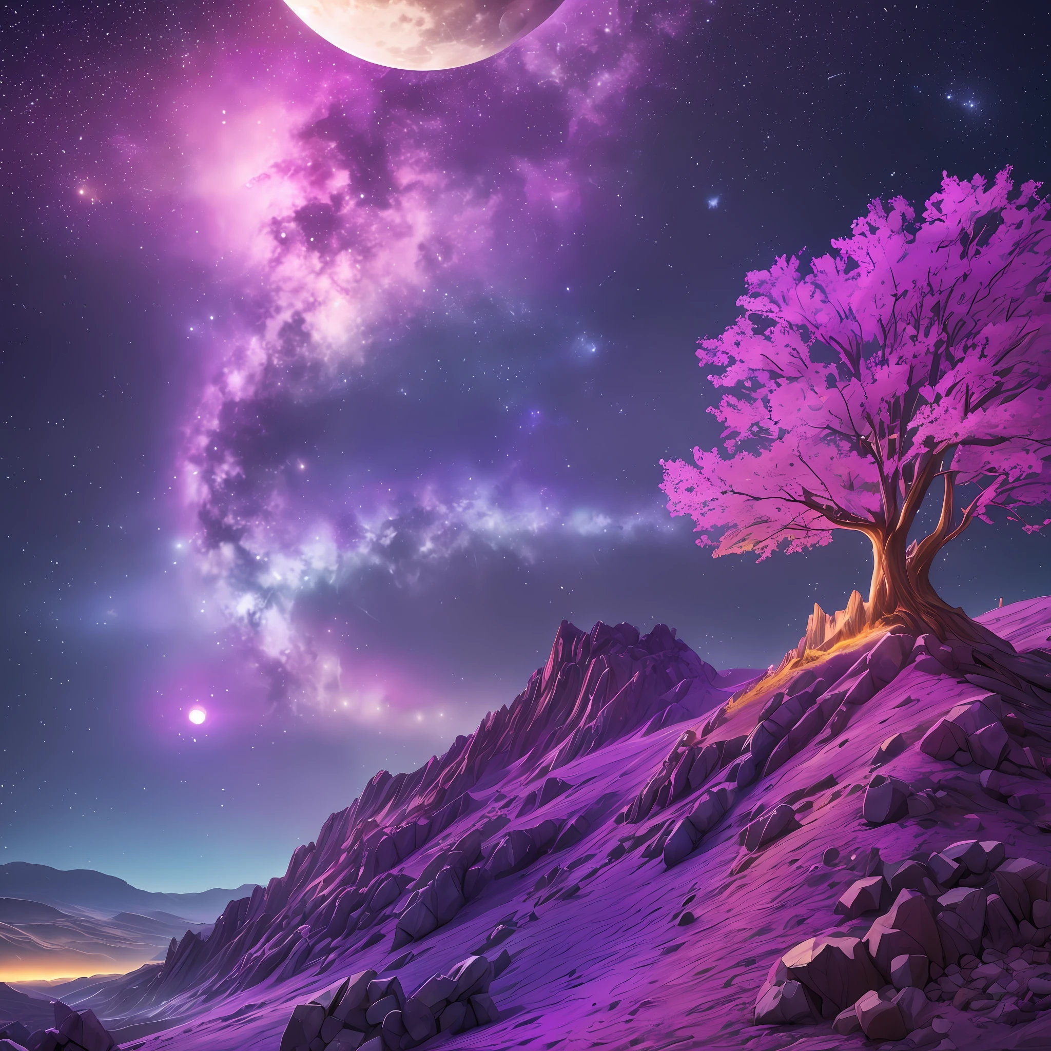 expansive landscape with a highly detailed ground and luminary illuminating the scene, (full moon: 1.2), (shooting stars: 0.9), (nebula: 1.3), distant mountain, BREAK tree production art, (hot light source: 1.2), (Firefly: 1.2), luminaire, very purple and orange, complex details, volumetric lighting BREAK (masterpiece: 1.2), (best quality), 4k, ultra-detailed, (dynamic composition: 1.4), highly detailed color details (iridescent colors:  1.2), (bright lighting, atmospheric lighting), dreamer, magician, (soil: 1.2) --auto --s2