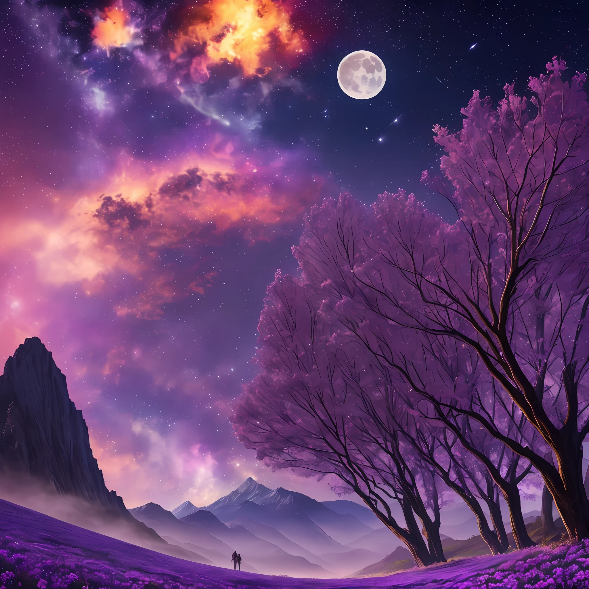 expansive landscape with a highly detailed ground and luminary illuminating the scene, (full moon: 1.2), (shooting stars: 0.9), (nebula: 1.3), distant mountain, BREAK tree production art, (hot light source: 1.2), (Firefly: 1.2), luminaire, very purple and orange, complex details, volumetric lighting BREAK (masterpiece: 1.2), (best quality), 4k, ultra-detailed, (dynamic composition: 1.4), highly detailed color details (iridescent colors: 1.2), (bright lighting, atmospheric lighting), dreamer, magician, (soil: 1.2) --auto --s2