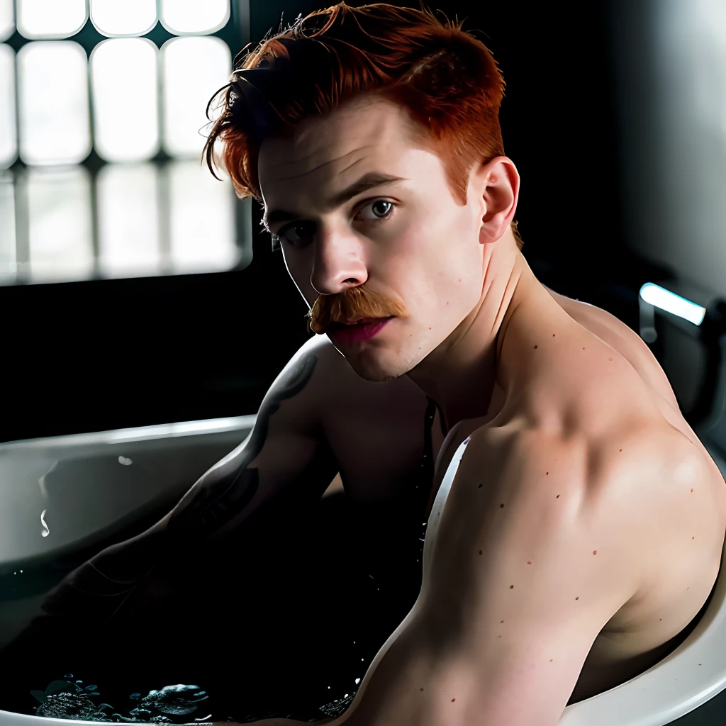 A 30-year-old red-haired man smoking in the bathtub inside the bathroom, red mustache, shaved hair, European style, dramatic atmosphere, realistic, photography, (muscular, no beard), tattoo, hyperdetailed, ultra-sharp, 8k, (insanely detailed:1.5), full-body photography, 20 megapixels, canon eos r3, detailed skin, pale skin, is not looking at the photo, (bright camera flash photograph:1.2),  soft neutral aesthetics, (eye focus), (hard shadows, pitch black background, unlit, dark theme, dim lighting, deep contrast:1.1), (focus background), (motion blur, lens blur, out of focus:1.1)