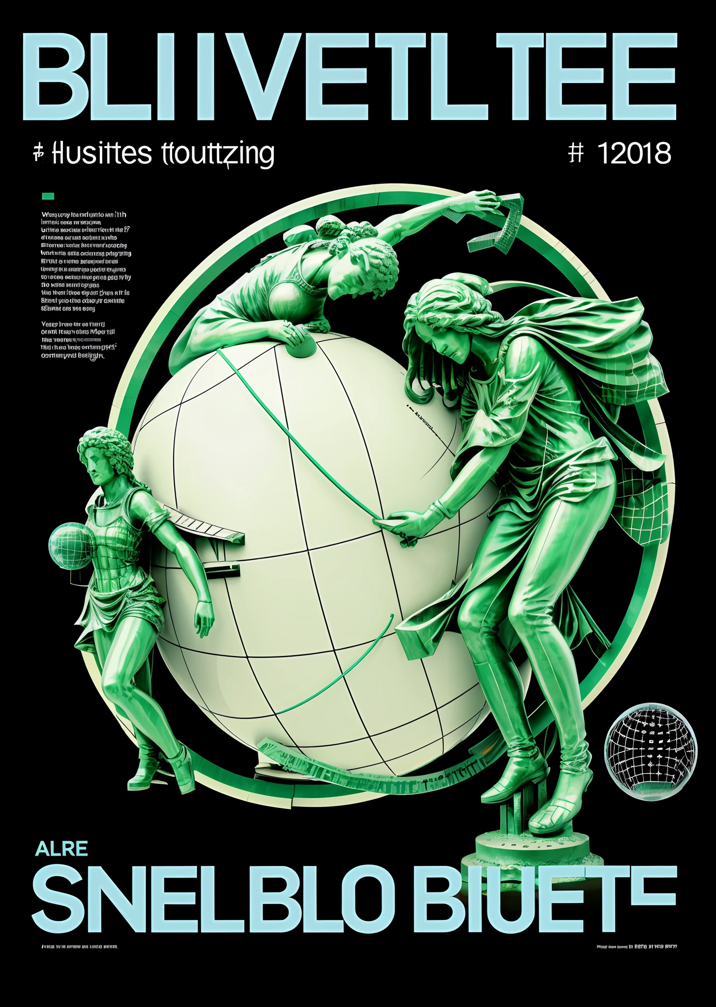 poster, ((woman, statue, text, logos, globe with grid))