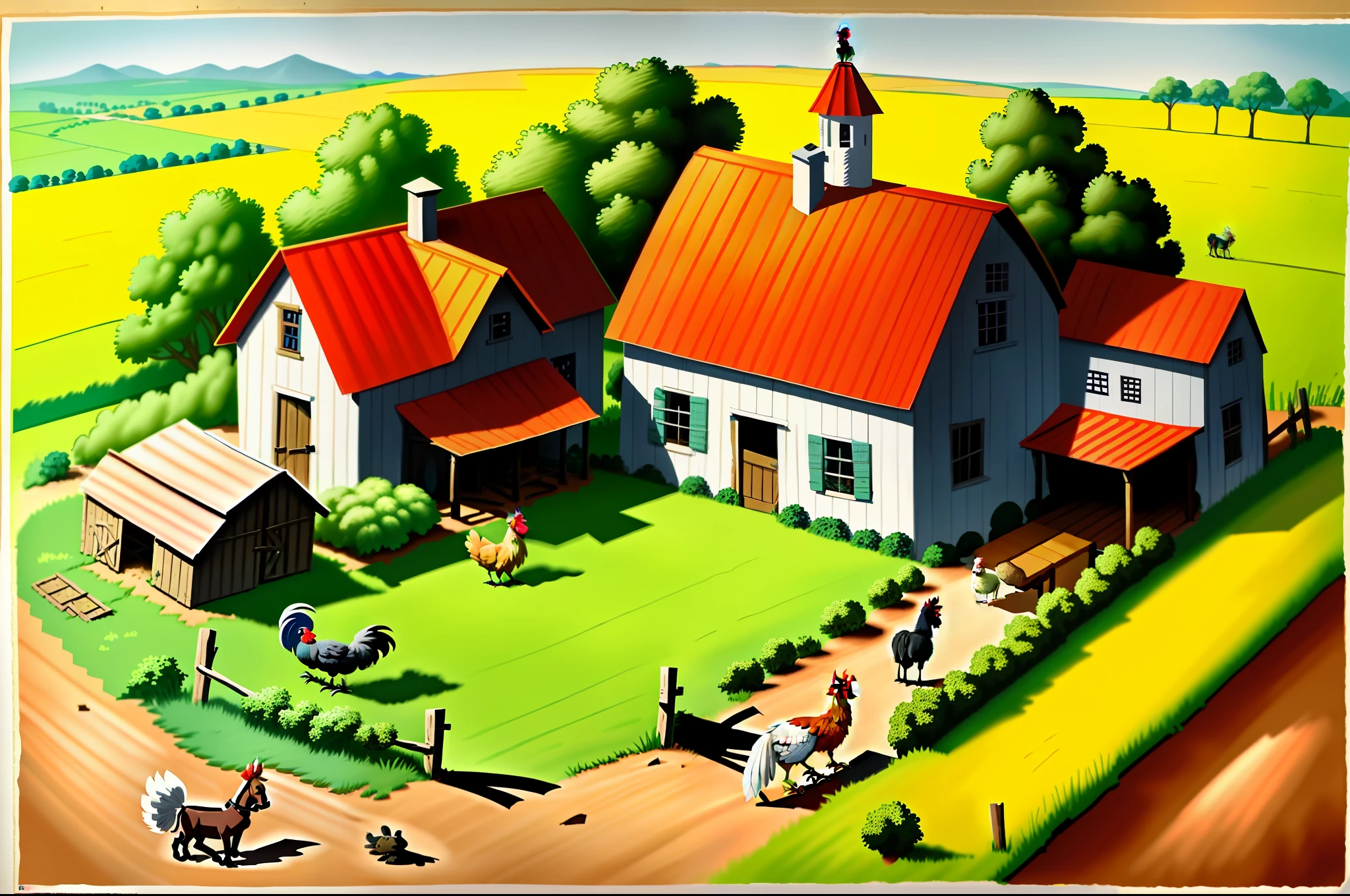 Illustration cartoon poster with a rooster, a cat, a dog and a donkey, on a farm,1934, 8k, ultra detail, ultra realistic, --air 3:2