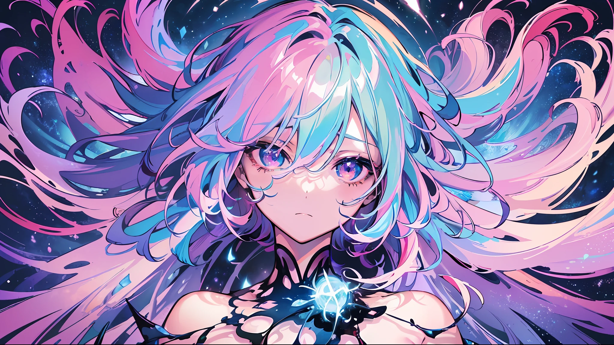 (masterpiece), stunningly surreal, abstract imagination, dynamic movement, digital art, otherworldly, a burst of color, explosive energy, chaotic beauty, (1 figure - ambiguous gender), (hair flowing:1.2, hair glowing), (body distorted:1.5, body fragmented), (face obscured:1.2, half hidden), (background: broken, shattered, fractured), (light: flickering, pulsating, radiating),(masterpiece, top quality, best quality,watercolor )(medium),official art, beautiful and aesthetic:1.2),(1girl:1.3), (fractal art:1.3),upper body, from side, looking at viewer,patterns,(rainbow color Hair,colorful hair,half blue and half pink hair:1.2),water,liquid, cloud,colorful, starry,stars,close-up, big eyes,(perfect eyes:1.4), complex eyes, unique pupils, unusual pupils,starry sky, stars in the background, shining halo,((ultra detail retina:1.5)),embarassed, (midriff),((ultra detail eyes:1.5)),((extremely detailed CG unity 8k wallpaper,masterpiece, best quality)), ((ultra-detailed:1.5)),(best illumination, best shadow, an extremely delicate and beautiful),(extremely detailed CG unity 8k wallpaper,masterpiece, best quality, ultra-detailed),(best illumination, best shadow, an extremely delicate and beautiful),(perfect body: 1.5),(masterpiece), stunningly surreal, abstract imagination, dynamic movement, digital art, otherworldly, a burst of color, explosive energy, chaotic beauty, (1 figure - ambiguous gender), (hair flowing:1.2, hair glowing), (body distorted:1.5, body fragmented), (face obscured:1.2, half hidden), (background: broken, shattered, fractured), (light: flickering, pulsating, radiating).