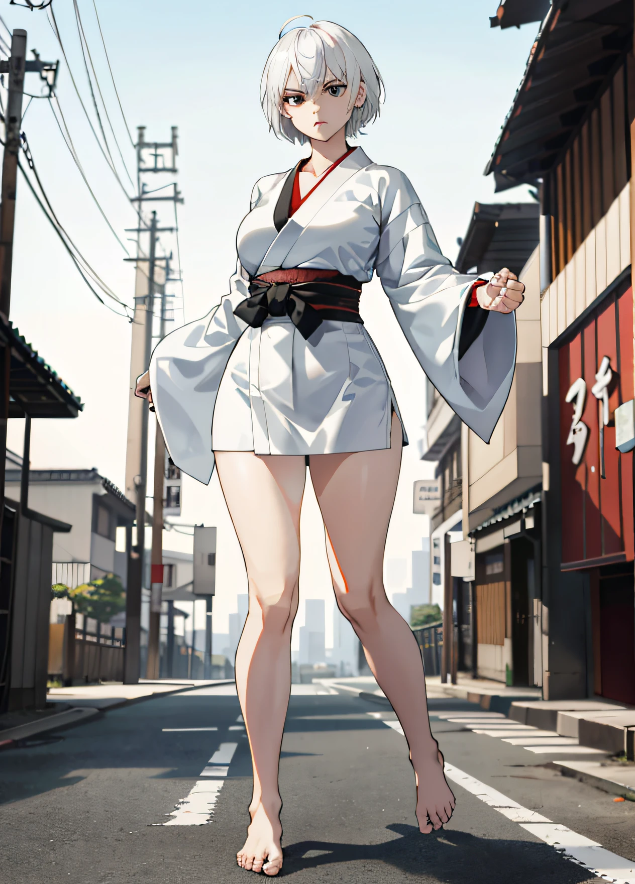 Character woman, short white hair, karate kimono, thin, wide hips, black eyes, open neckline, large breasts, martial posture, full body, bare feet, angry expression, modern urban setting, , hi-res, 8k