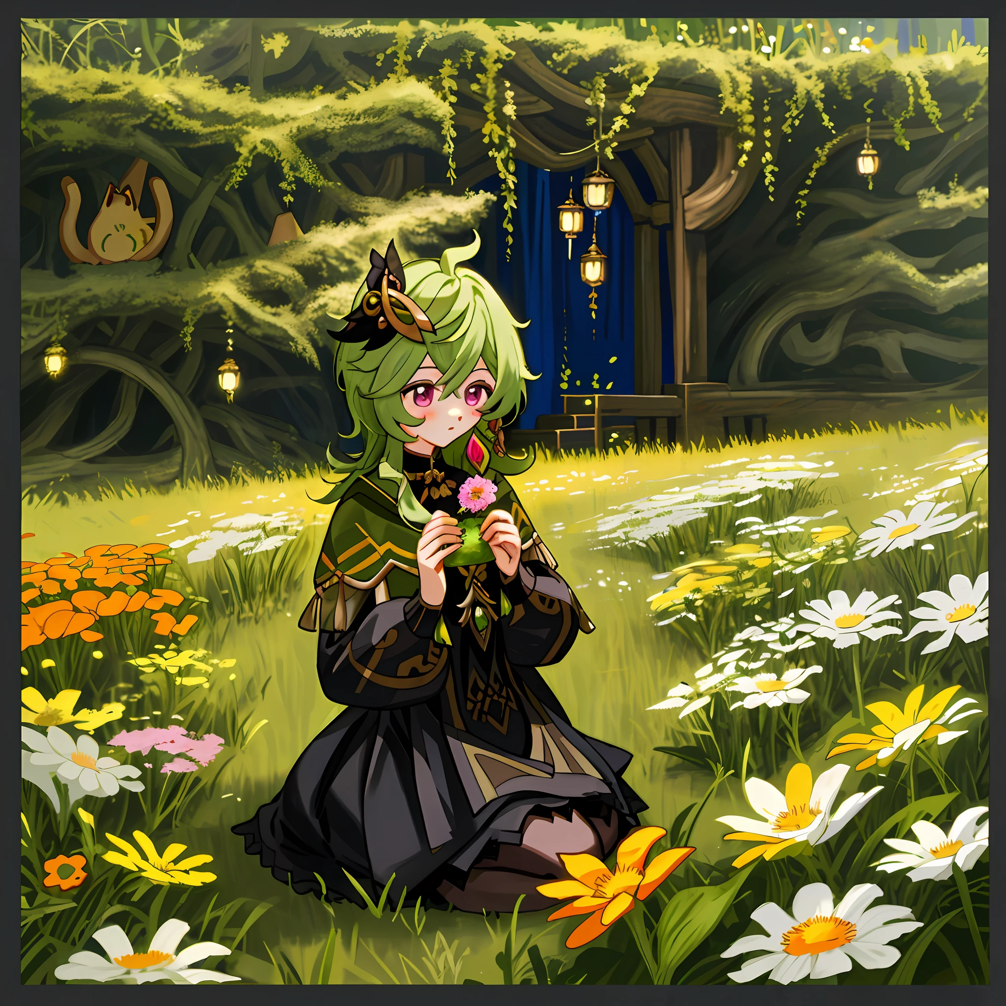 Collei from Genshin Impact, shy, flowers, fungi, cat