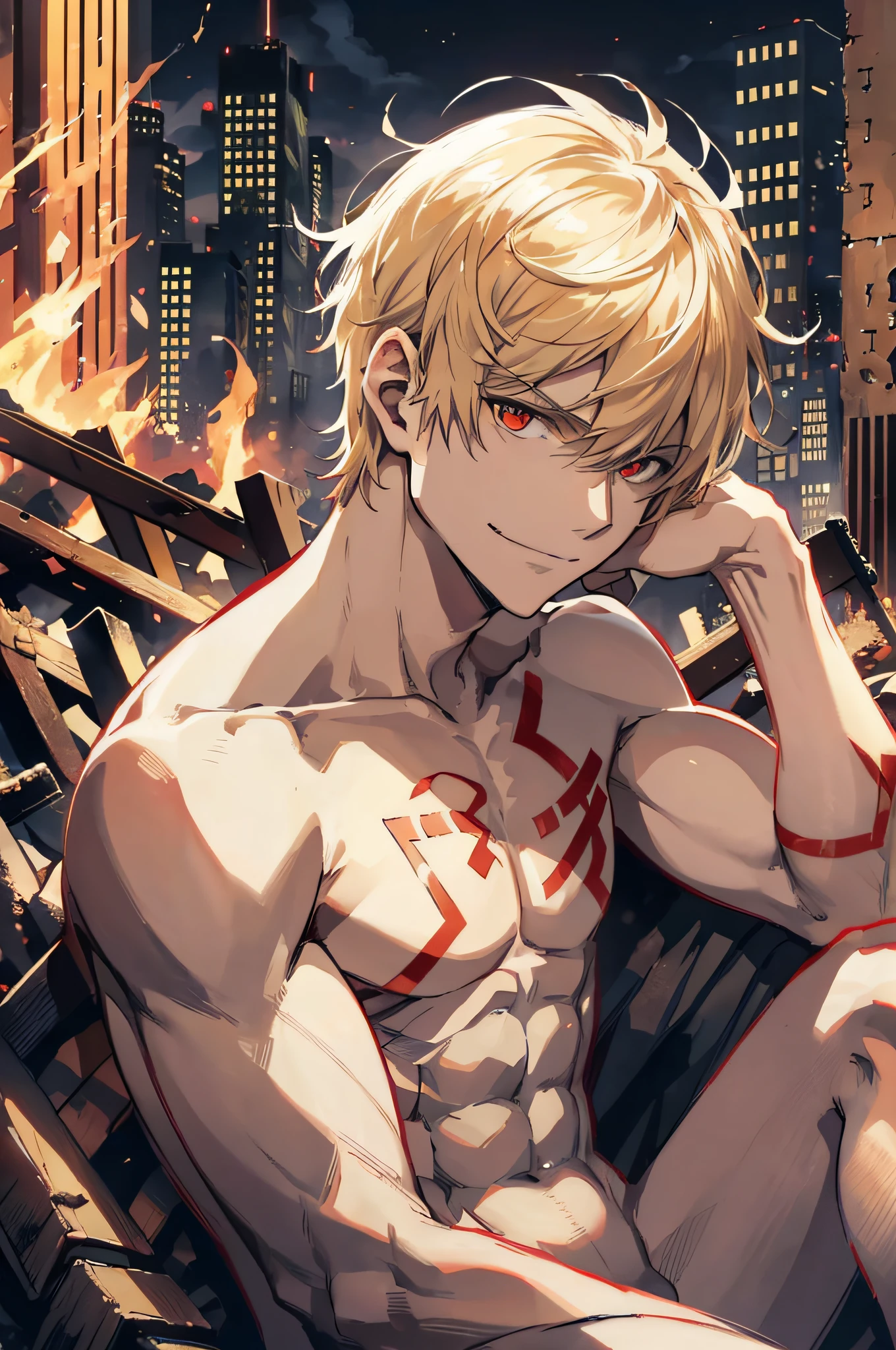 (GilgameshTopless:1.05), solo, looking at viewer, short hair, blonde hair, red eyes, 1boy, male focus, sitting, crossed legs, (completely :1.2), tones, tattoos, [from side], from below, fire, rumbles, ruined city, smiling, looking at viewer, looking down, dark background, sitting on debris, night, smoke, cowboy shot,
