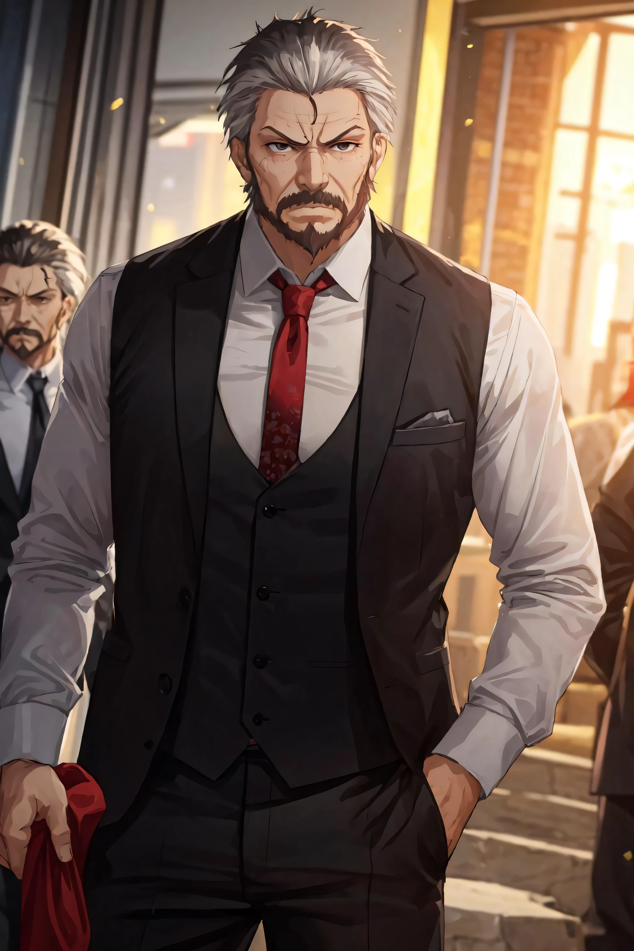 (((masterpiece))), (((((best quality))))), official art,extremely detailed CG unity 8k wallpaper,((1boy)),solo,facial hair,(((male focus))),((mature male)),slicked back hair,sideburns,bulge,stubble,((old man)),angry,detailed pupils,good eyes,(breath),heavy breathing, from above,Standing in front of some male warriors,many male warriors in background,older man,kryuger, 1boy, male focus, solo, necktie, formal, suit, black suit, hand in pocket, vest, red necktie, looking at viewer, pants, shirt,muscular male, solo, bara,large pectorals,