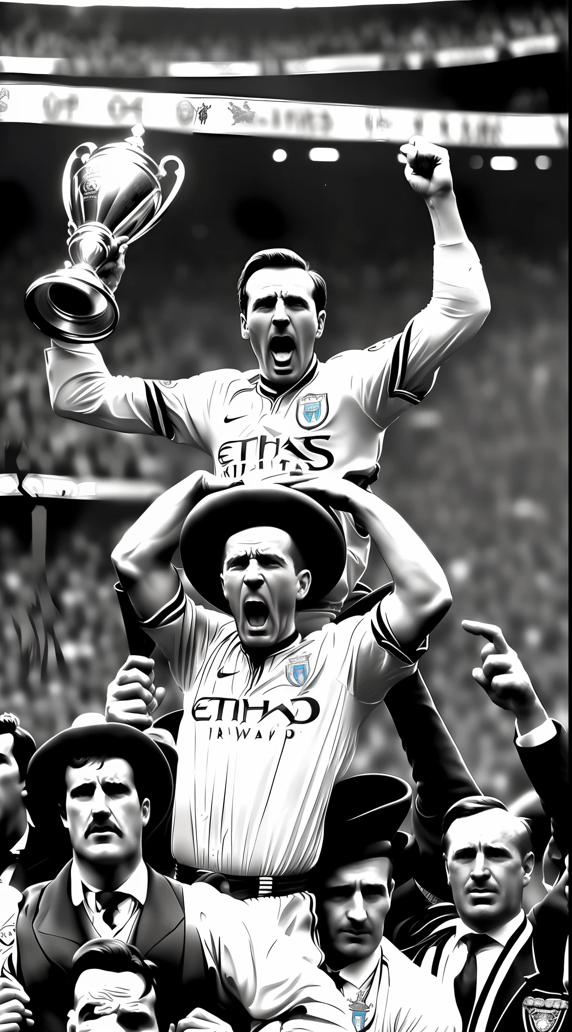 an 1880s man of the year celebrating Manchester City's Champions League title in 2023
