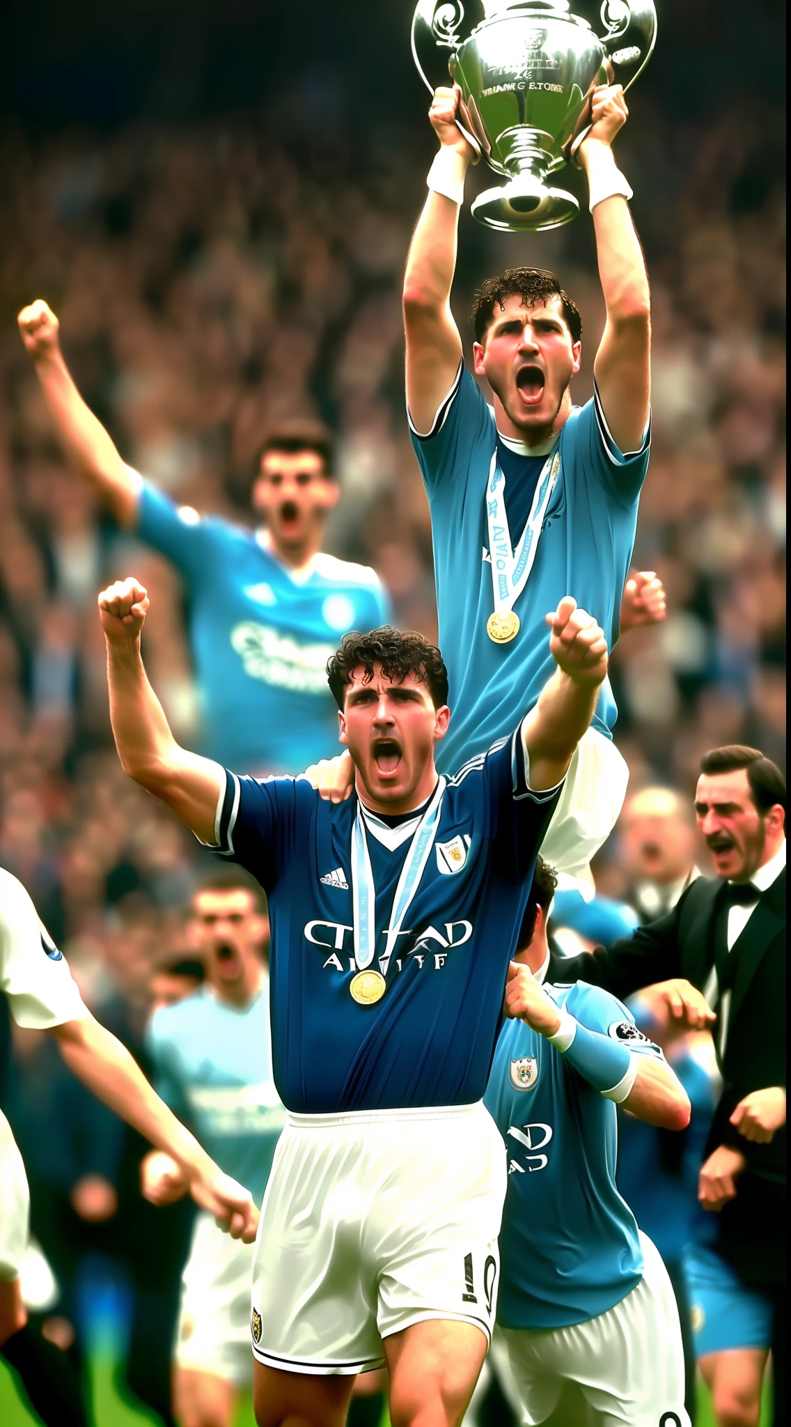 an 1880s man of the year celebrating Manchester City's Champions League title in 2023