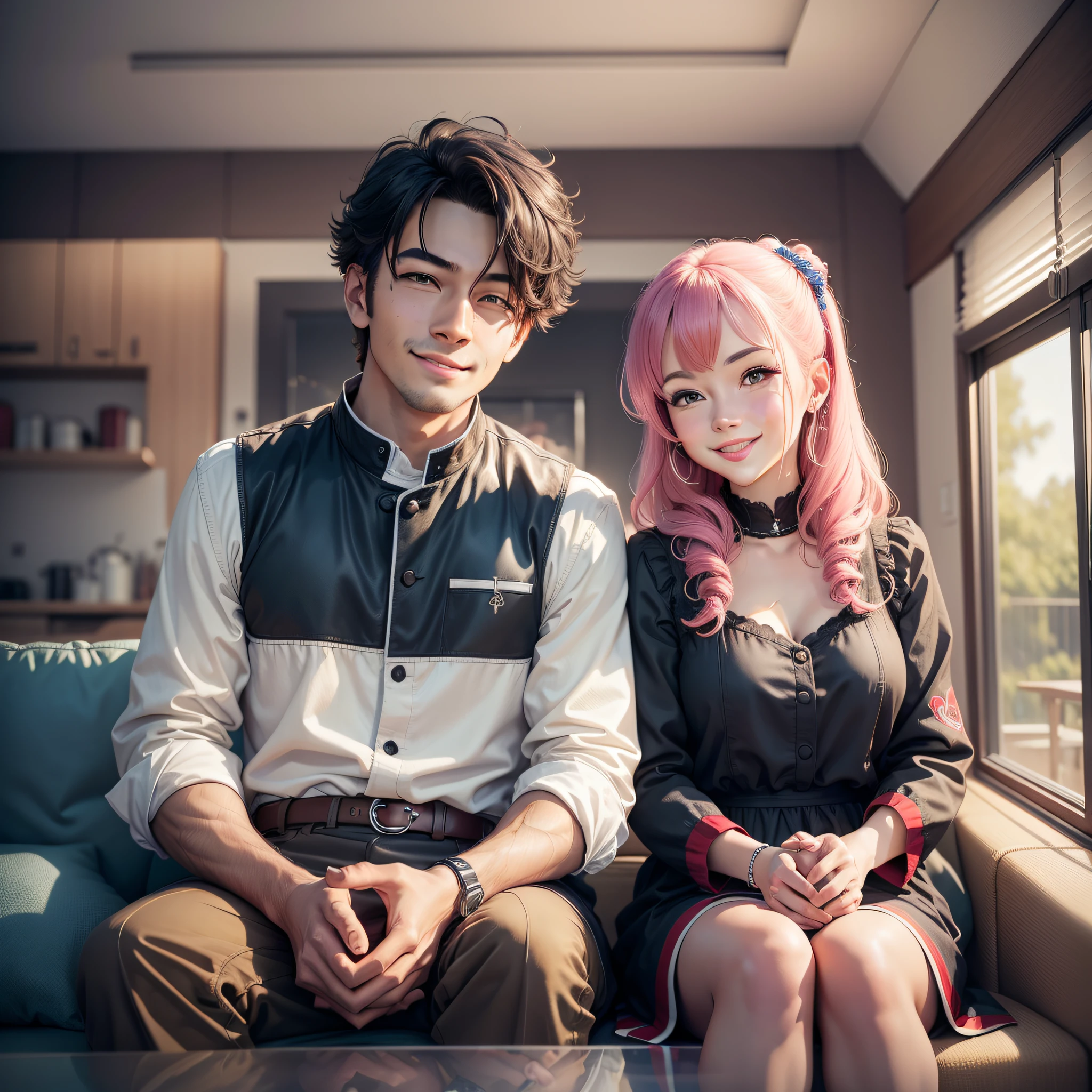 Image of a smiling couple, 1 man and 1 woman, sitting side by side on a sofa, traditional fashion, with looks of excitement and expectation. On the TV screen, an exciting virtual race is being shown, as they hold a steering wheel in their hands. Around them, there are hearts floating, symbolizing shared love and passion, reflection light, Fujicolor, perspective, UHD