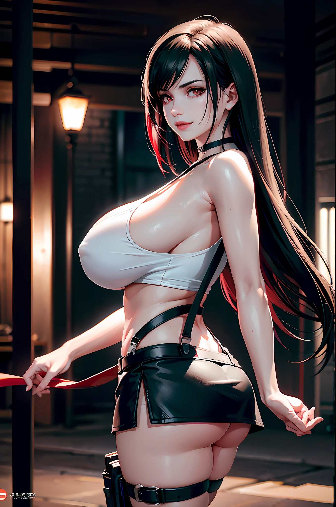 (8k, best quality, masterpiece:1.2), (realistic, photo-realistic:1.37), ultra-detailed, 1 girl,cute, solo, (tifa lockhart), (huge breasts:1.5),(beautiful detailed eyes), (smile:1.2), (closed mouth), erotic pose, dancing, outside an industrial factory, depth of field, dark intense shadows, sharp focus, depth of field, good composition, green glowing light, Final Fantasy VII, (black miniskirt:1.1), (white tank top) suspenders, stockings, arm brace, red gloves, (black choker) full body, head rest, lips, pretty face, low-tied long hair, ((red_eyes:1.2)), (night:1.3), intricate, bokeh, cinematic lighting, photon mapping, radiosity, physically-based rendering, (Tetsuya Nomura style), nsfw, perfect breasts, view from behind