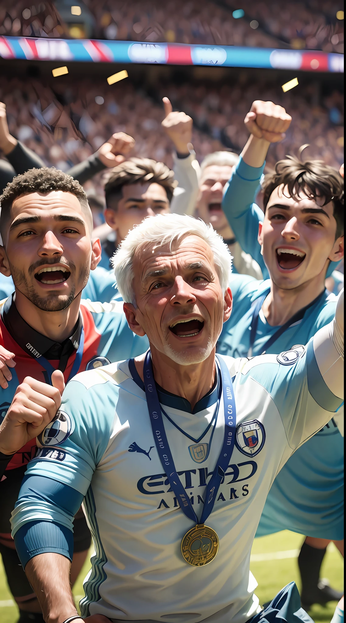 several generations of people celebrating Manchester City's Champions League title in 2023 --auto --s2
