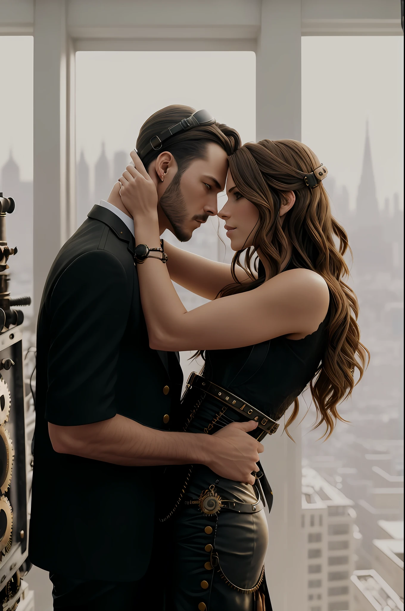 Couple looking at each other, girl and man, detailed face, purposeful facial expression, (((steampunk close))), ((steampunk city in the background)) NSFW, RAW, beautiful city background, (((perfect hands))), beautiful hands, straight hair for a girl, long hair for a girl, short haircut for a guy, analog style, ultra-detailed photography, cinematic lighting, artstation, 4k, sharp focus, high resolution, detailed skin,  detailed eyes, Kate Beckinsale's face, bokeh