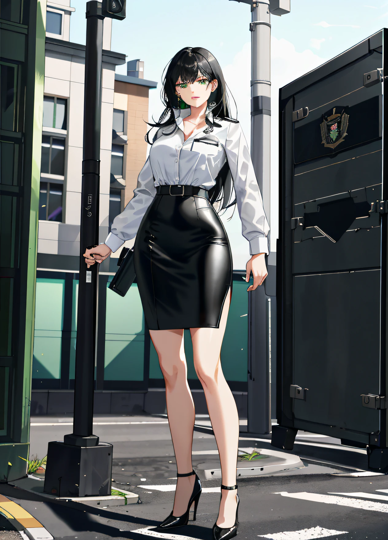 Character woman, long black hair, female police outfit, white blouse, green eyes, black leather skirt, thin waist, wide hip, standing, high heeled shoes, angry expression, police station scene, handcuffs on hands, hi-res, 8k