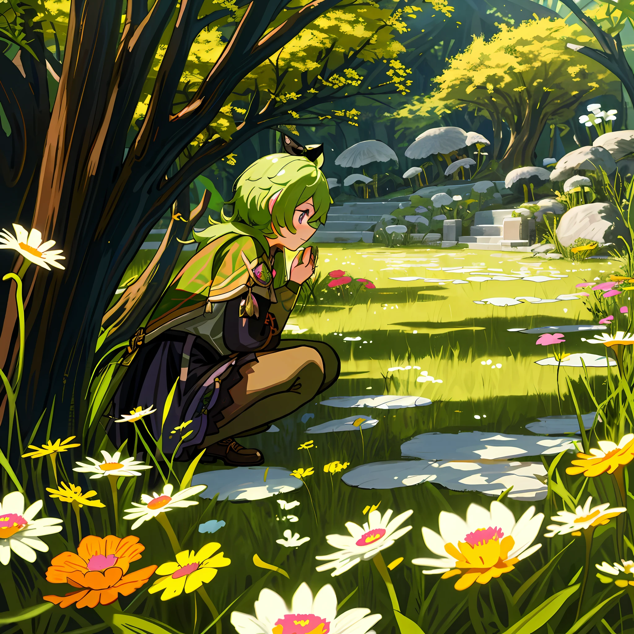 Collei from Genshin Impact, shy, flowers, fungi, cat
