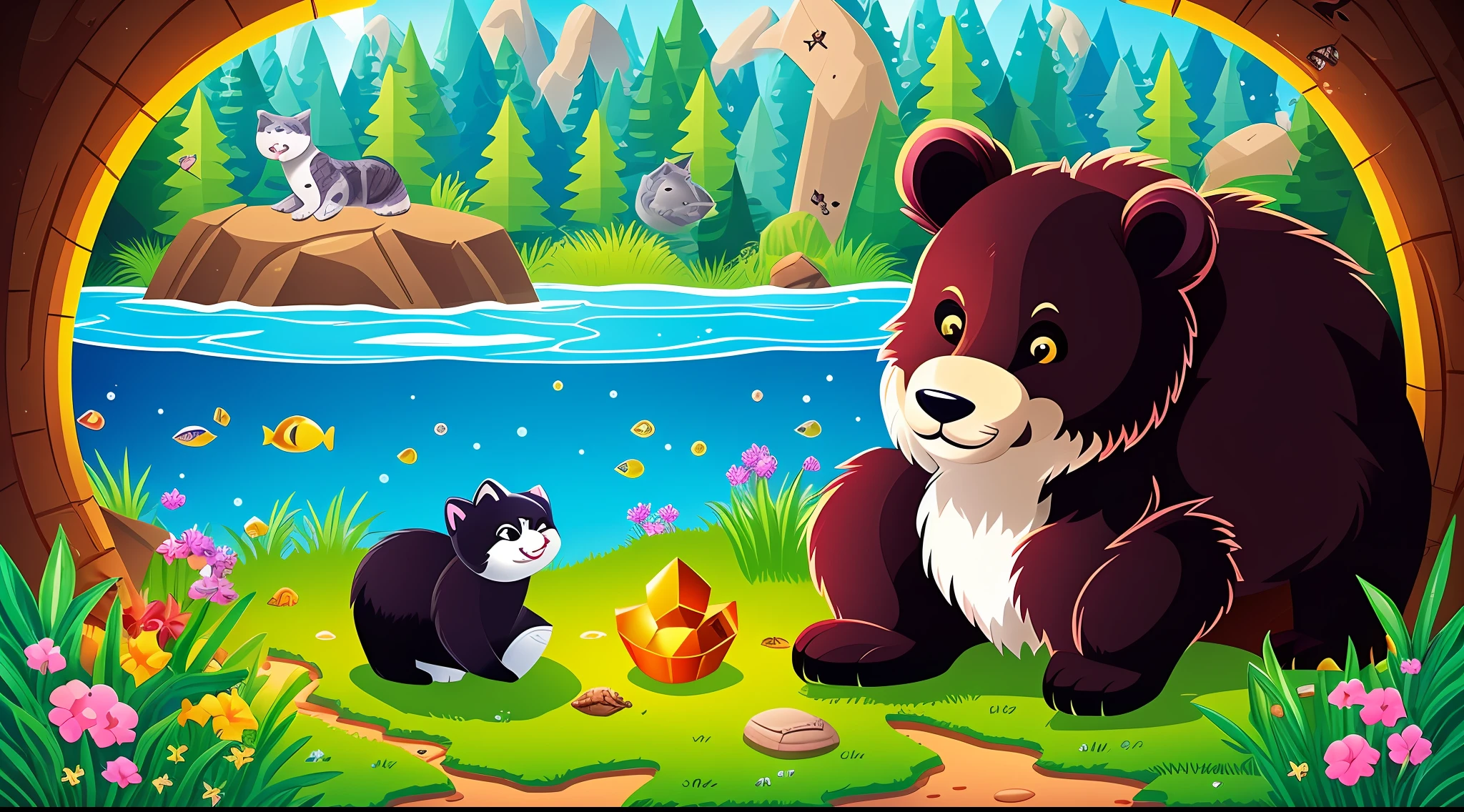 With the arrival of summer, the Playful Bear was eager to cool off. One day, while exploring the forest, he met a clever cat named Felino. The two became friends immediately. Together, they decided to go to a nearby lake. When they got there, they had an unexpected surprise: they found a treasure hidden at the bottom of the lake. It was a box full of shiny objects and marine treasures. The bear and the cat were amazed at the discovery and decided to divide the treasure between them. It was an unforgettable adventure that brought them together even more. creates it as if it were a cartoon, infatil for my book. in resolution. I want the tamhango.16:9.750 --auto --s2