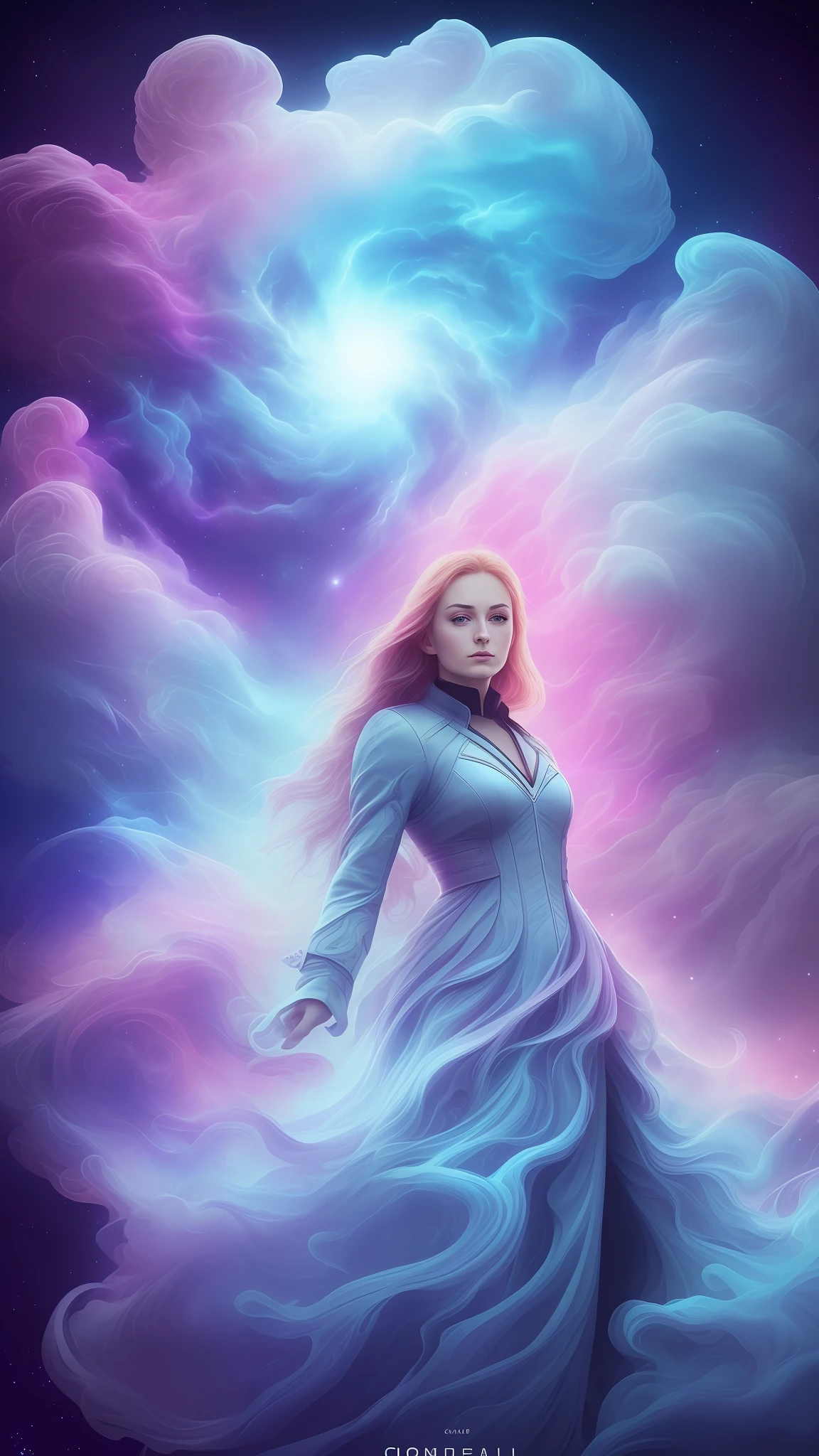 (solo) inconceivable and spectacular an emergency scene of a cloud figure Sophie Turner in a cosmic cloud, strands of fractal nebulae, cosmic, celestial, cosmic, vibrant and vivid entities, whirlwinds, spinning, unreal, high contrast, symbolism, magical, mystical, mystifying, hyper-realistic, supersaturated, colorful, 8K