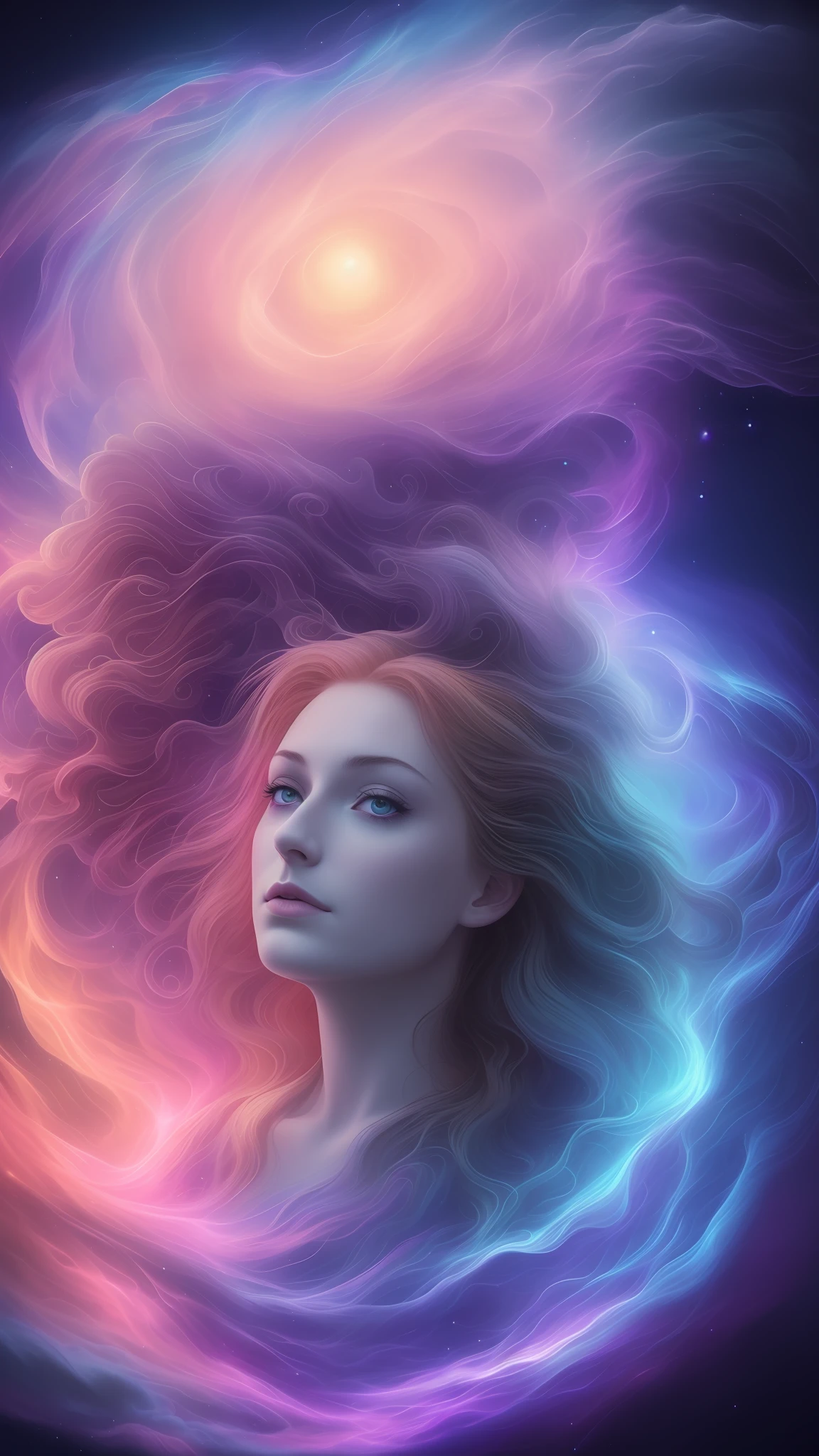 (solo) inconceivable and spectacular an emergency scene of a cloud figure Sophie Turner in a cosmic cloud, strands of fractal nebulae, cosmic, celestial, cosmic, vibrant and vivid entities, whirlwinds, spinning, unreal, high contrast, symbolism, magical, mystical, mystifying, hyper-realistic, supersaturated, colorful, 8K