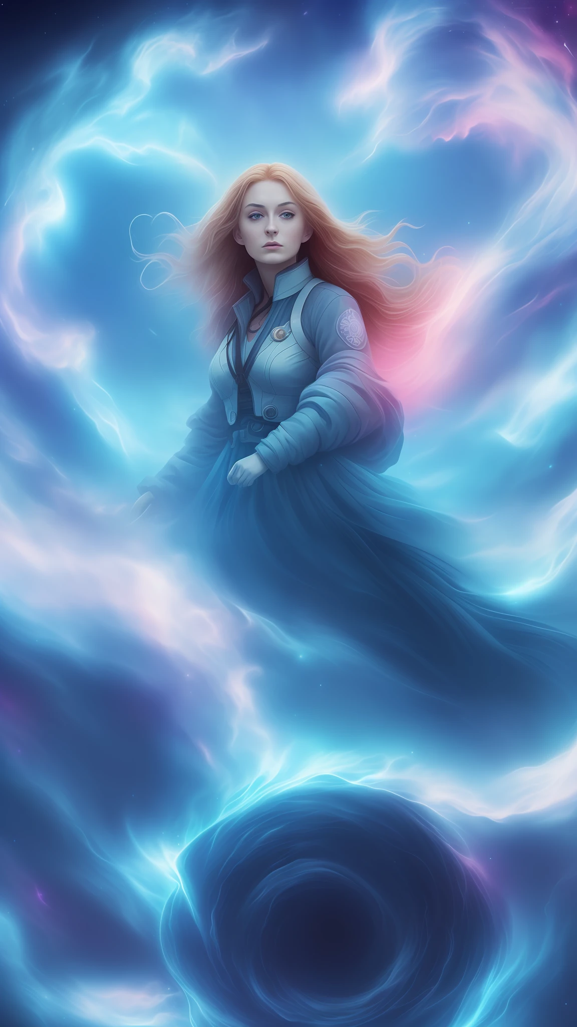(solo) inconceivable and spectacular an emergency scene of a cloud figure Sophie Turner in a cosmic cloud, strands of fractal nebulae, cosmic, celestial, cosmic, vibrant and vivid entities, whirlwinds, spinning, unreal, high contrast, symbolism, magical, mystical, mystifying, hyper-realistic, supersaturated, colorful, 8K