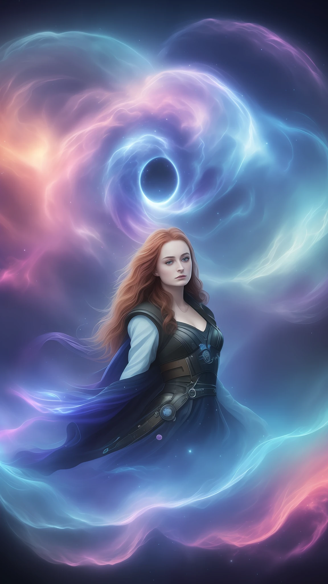 (solo) inconceivable and spectacular an emergency scene of a cloud figure Sophie Turner in a cosmic cloud, strands of fractal nebulae, cosmic, celestial, cosmic, vibrant and vivid entities, whirlwinds, spinning, unreal, high contrast, symbolism, magical, mystical, mystifying, hyper-realistic, supersaturated, colorful, 8K