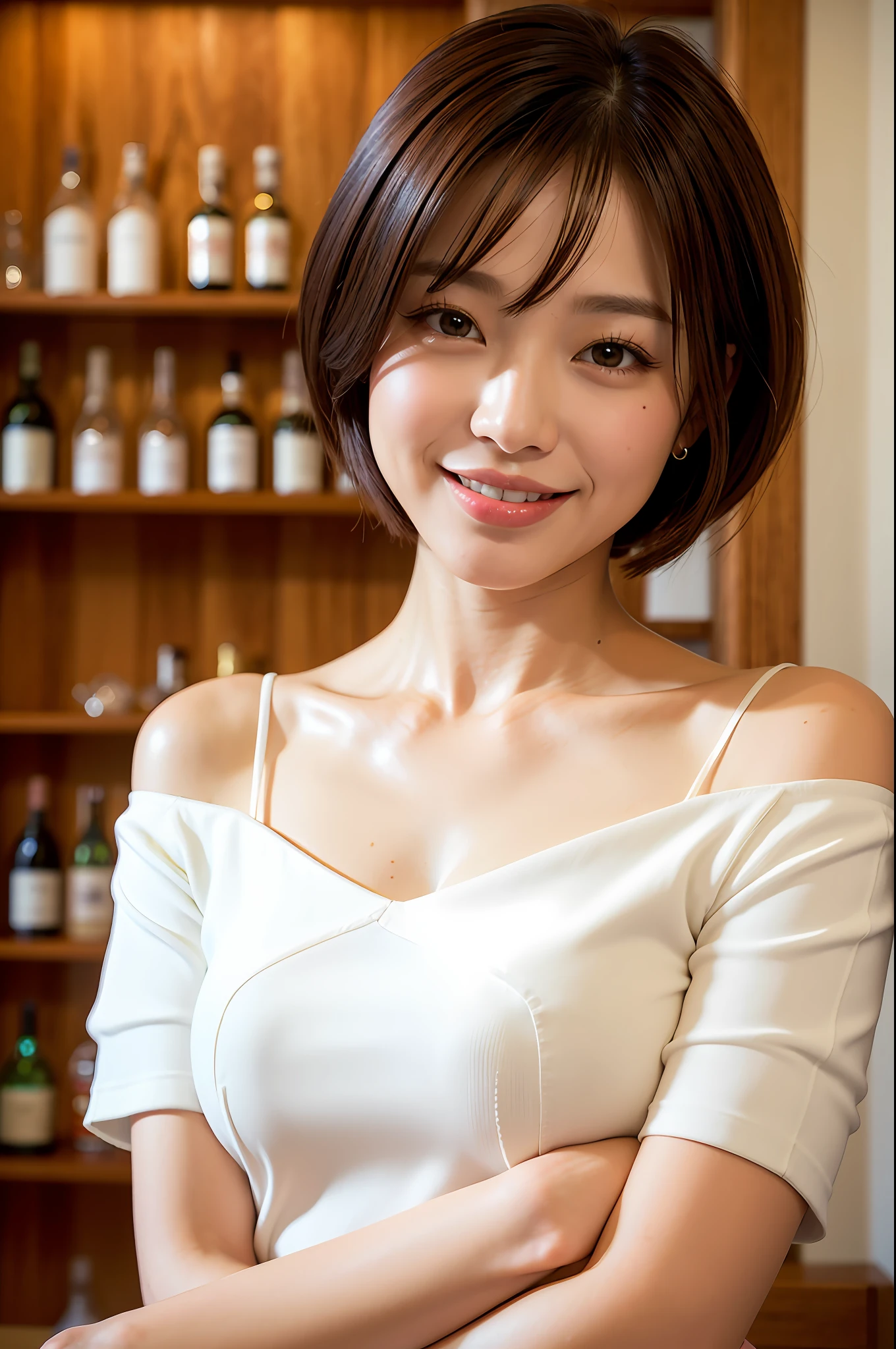 (8k, RAW photo, photorealistic: 1.25), (lip gloss, eyelashes, shiny face, shiny skin, best quality, ultra high resolution, depth of field, natural shading, Nanako Matsushima), (one shoulder, pure white Y-shirt, short hair, smile), living room of a mansion, Scotch whisky on whiskey shelf, shaded, welcome home look.