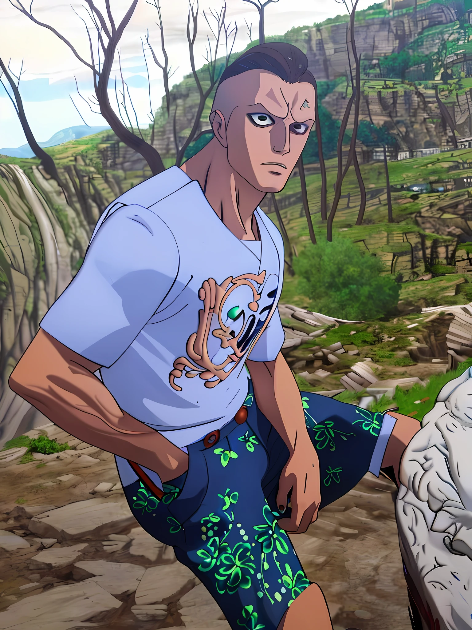 Handsome young and white Caucasian Italian big eyes, anime-style landscape background
