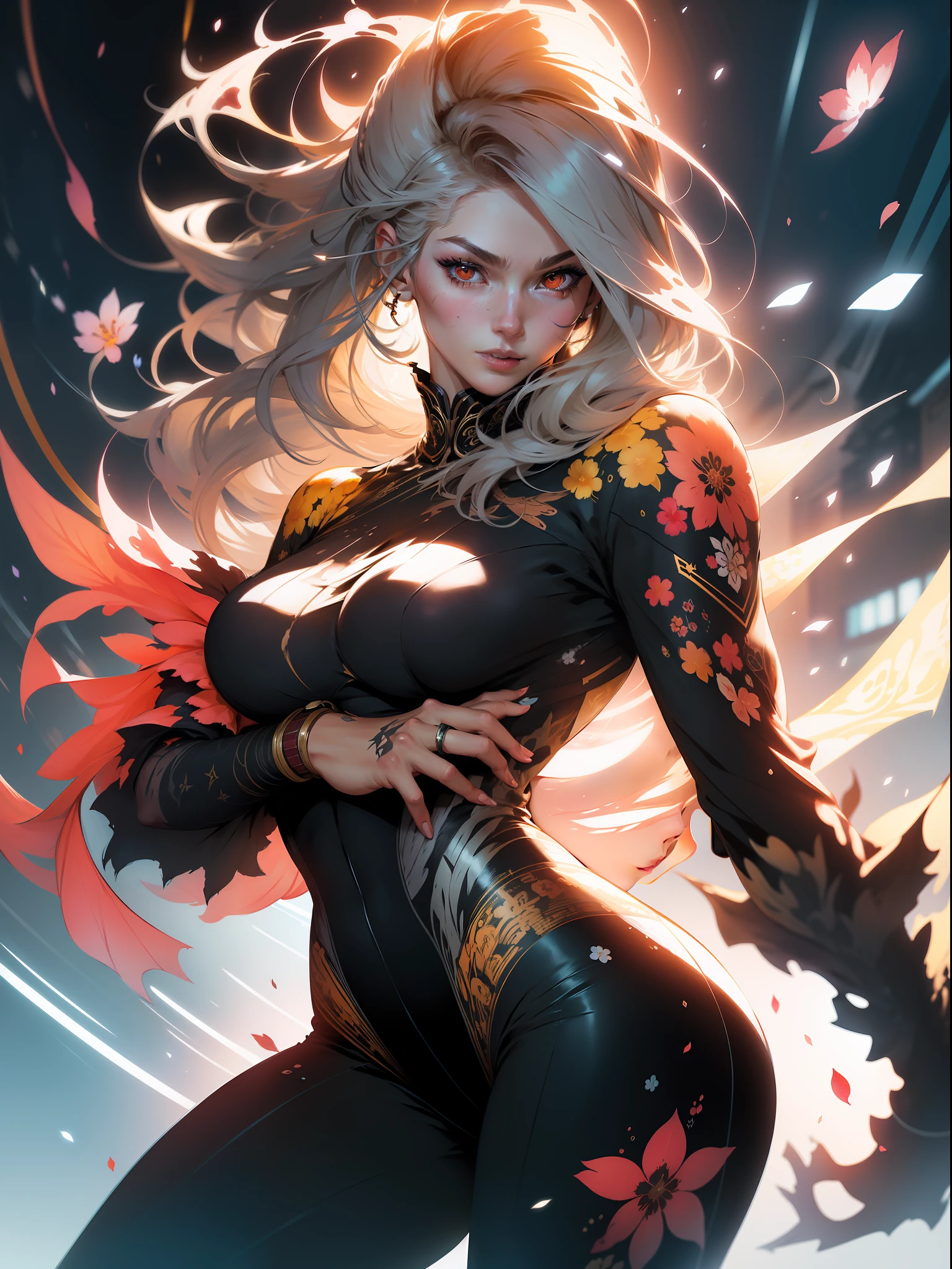 :: Comix style by Joe Madureira :: beautiful, perfect and detailed, ultra detailed shirt with black abstract design, with flower print on the sides of the dress, in various full-body attack poses and with immersive effects, hover effect, graphite style background with vibrant colors "HDR ultra" detailed and with focus effect, (masterpiece: 1.2, best quality), (Beautiful eyes finely detailed: 1.2), ((Beautiful Woman )),hair long, straight and white, with a natural glow ((Solo)), (Red eyes:1.4), (Finely detailed eyes and detailed face:1.3),), (With ultra detailed jeans and a yellow shirt with ultra detailed tribal tatoom print throughout:1.3), (Beautiful and clear background:1.2), (Extremely detailed CG, Ultra-detailed, Best Shadow:1.1), ("" character demonstrating his super power in the fist"") ((Depth of field and blur)), ((Watercolor)), Large breasts, Bare shoulders, Flowers and petals, Beautiful conceptual illustration , (white background:0.5), (Illustration :1.1), (extremely thin and beautiful: 1.1), (perfect details: 1.1) graffiti style background, freedom, soul, digital illustration, perfect ???????, centered, approaching perfection, dynamic, highly detailed, watercolor painting, artstation, concept art, smooth, sharp focus, illustration, art by flesh Griffiths and Wadim Kashin, heterochromia, perfect ???????, centered, approaching perfection, dynamic, highly detailed, character sheet, artstation, concept art, smooth, sharp focus, illustration, art by Kim Jung Gi,, Artgerm, Carne Griffiths and Wadim Kashin, Sasha Yakovleva, Loish, Jeremy Mann, Full Body Shot, Character Sheet, Lightning Wave, Beautiful Anime Watercolor Painting, Paint Dripping by Tim Okamura, Victor Nizovtsev, Greg Rutkowski, Noah Bradley. Trend in Artstation, 8K, masterpiece, graffiti paint, fine detail, full of color, intricate detail, golden proportion illustration, (Background with dragon mecha extremely