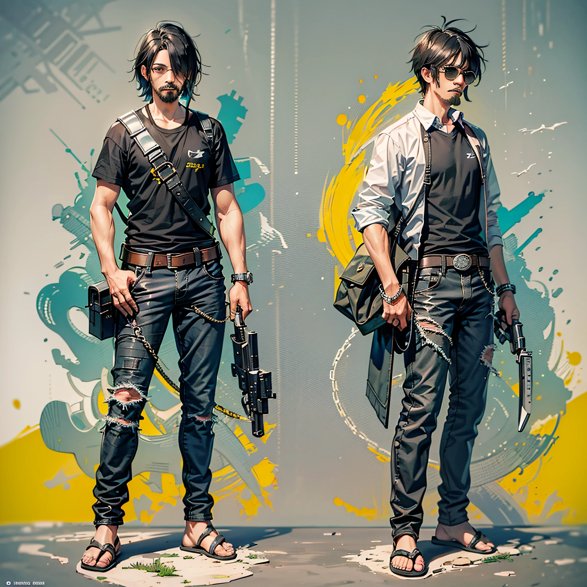 ANIME character, full body, black hair, MALE, black sunglasses, With mustache, holding an AK-47, white lacoste shirt, jeans, flip-flops, RIO DE JANEIRO, (concept brazil) --auto --s2