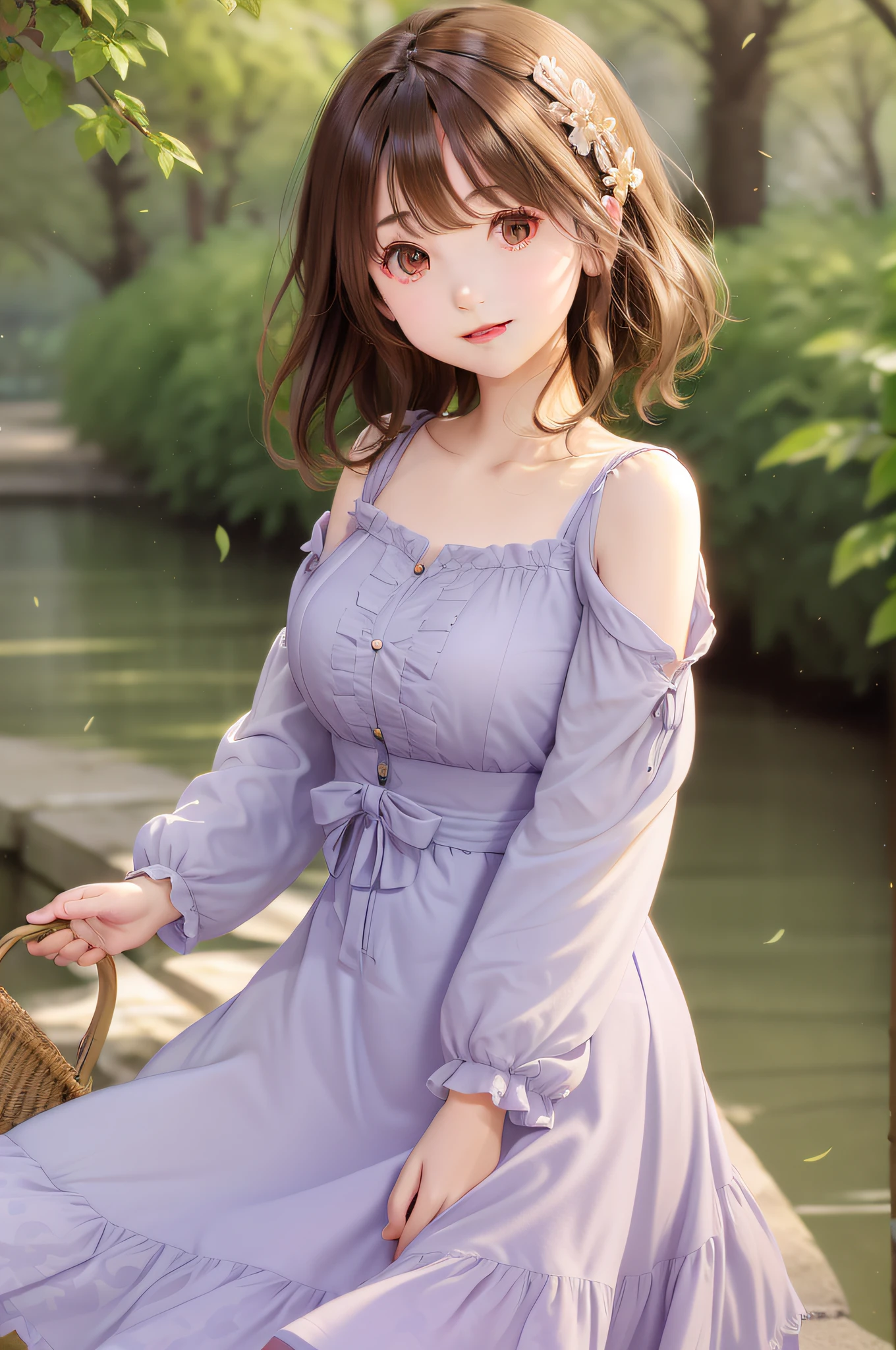 A sweet girl with princess hairstyle, cute expression, big eyes, long eyelashes, half-length photo, purple floral temperament dress, light gauze skirt fluffy, fluttering skirt, three-dimensional decoration of leaves on the dress, short brown hair, curly hair, Exquisite facial features, clear face, exquisite lips, smile, falling leaves flying in the air, solid color background, gentle light, modern, realistic,